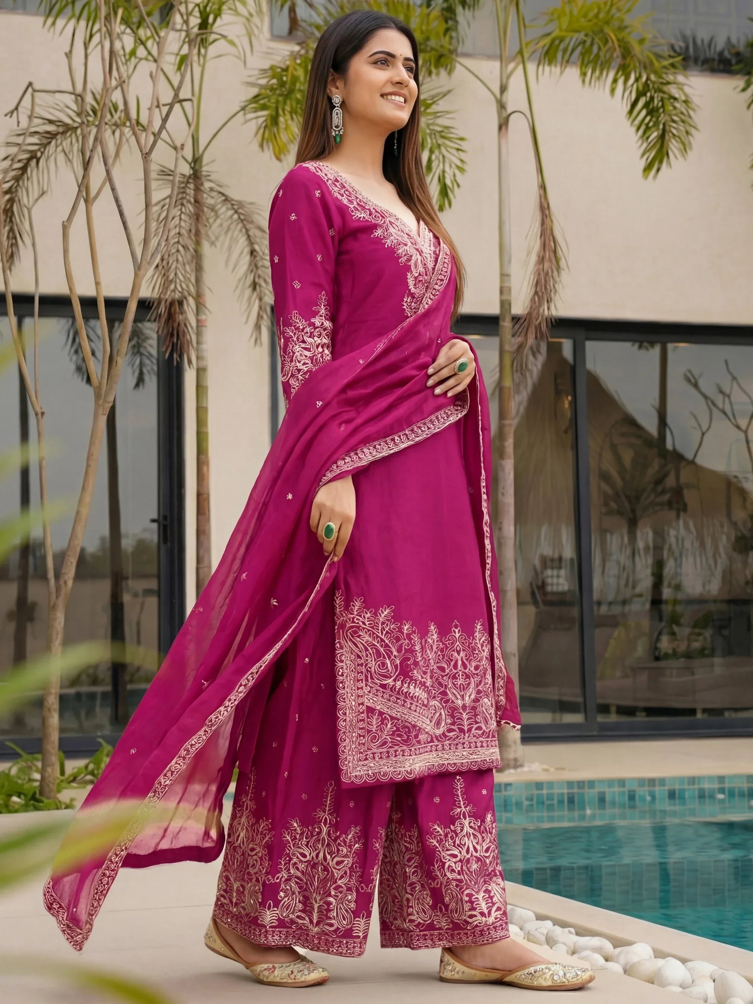 Pink Incredible Embroidered Chinon Festival Wear Palazzo Suit