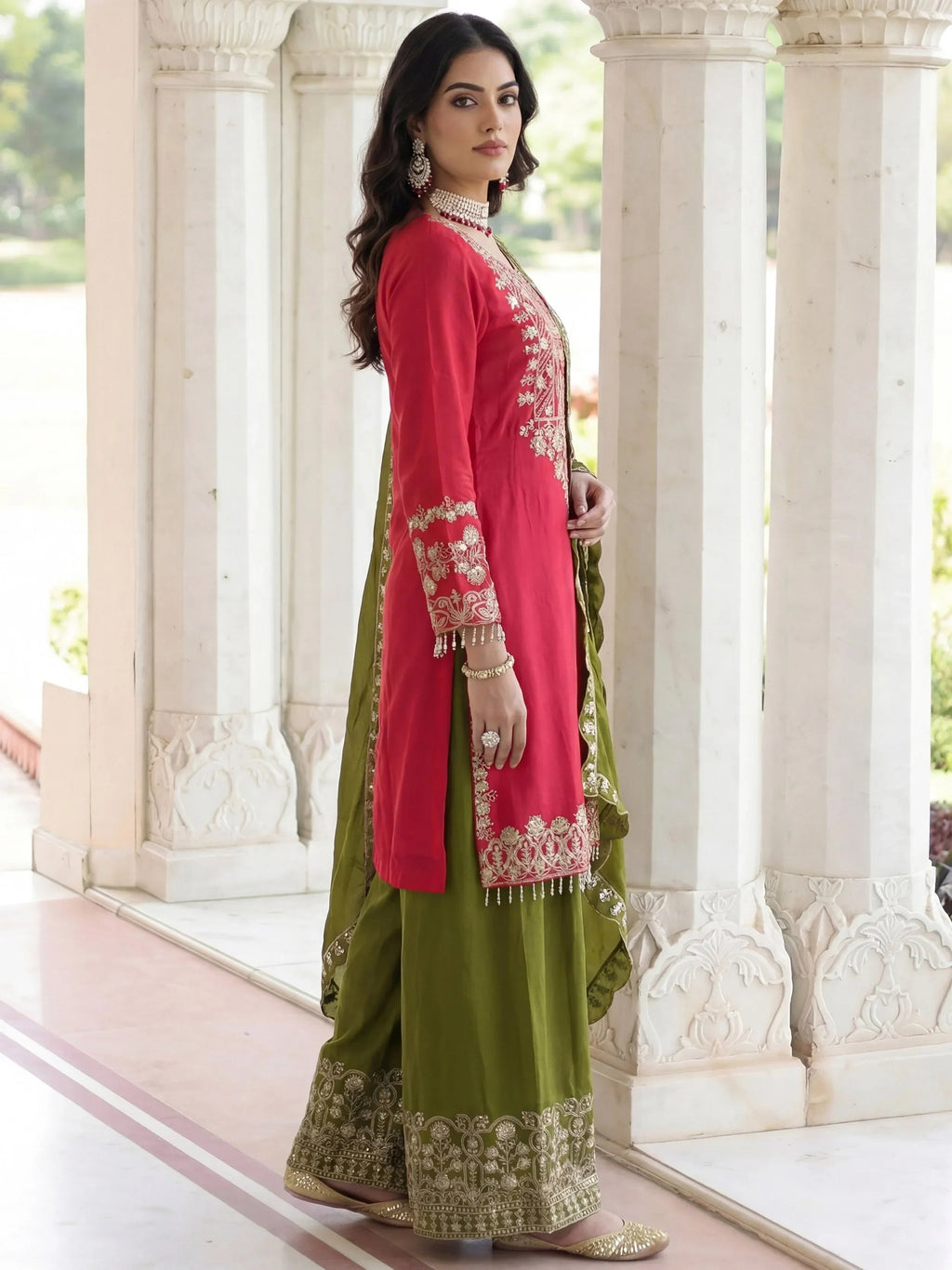 Pink Fabulous Embroidered Chinon Festival Wear Palazzo Suit