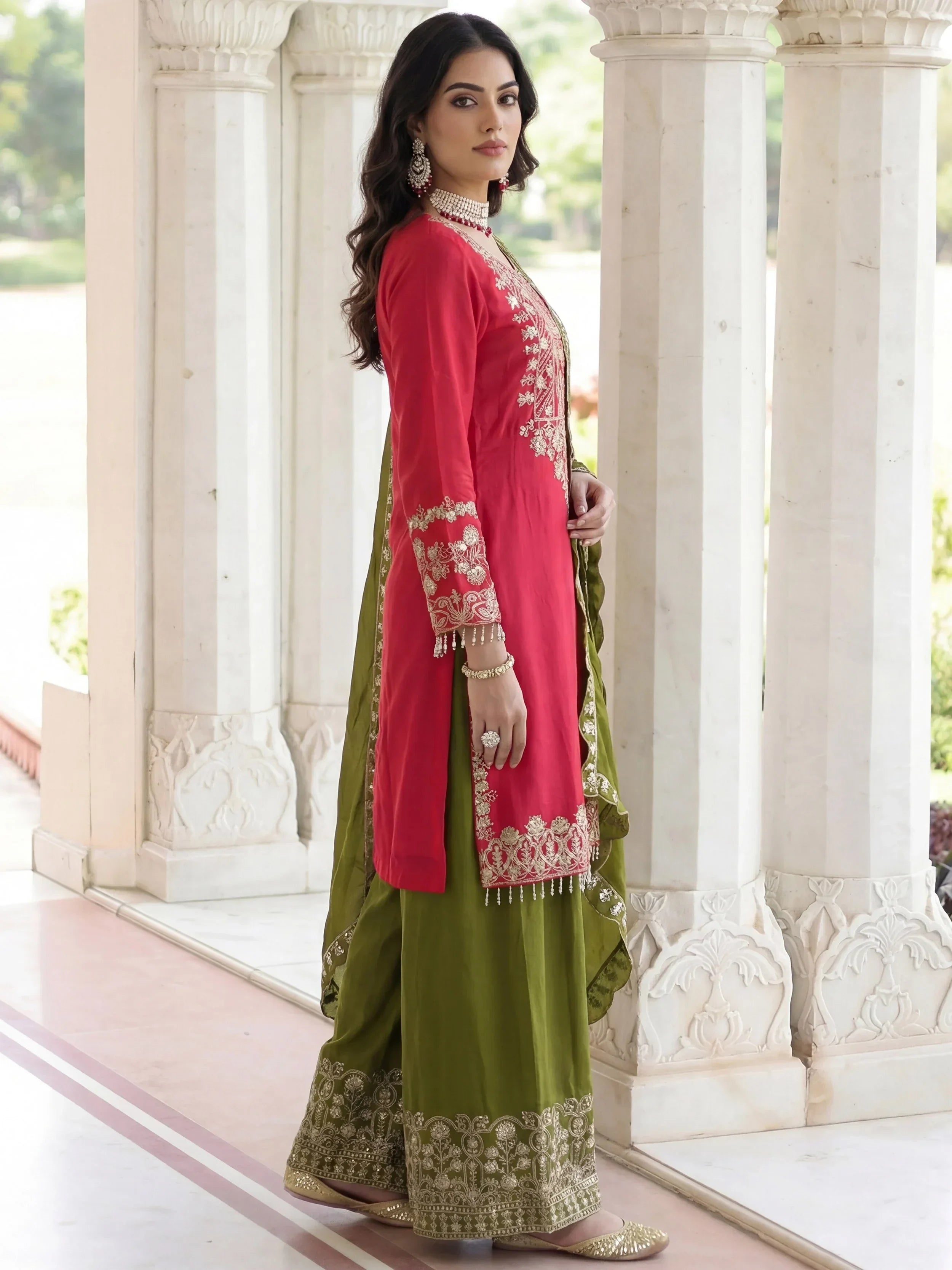 Pink Fabulous Embroidered Chinon Festival Wear Palazzo Suit