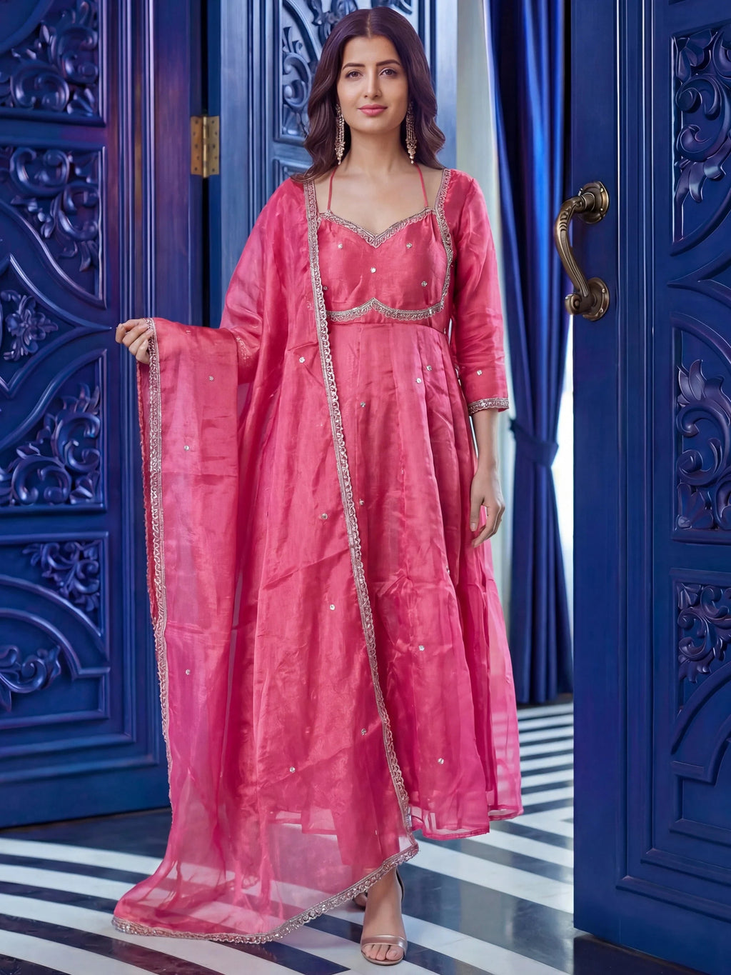 Pink Beautiful Sequins Silk Haldi Wear Anarkali Gown