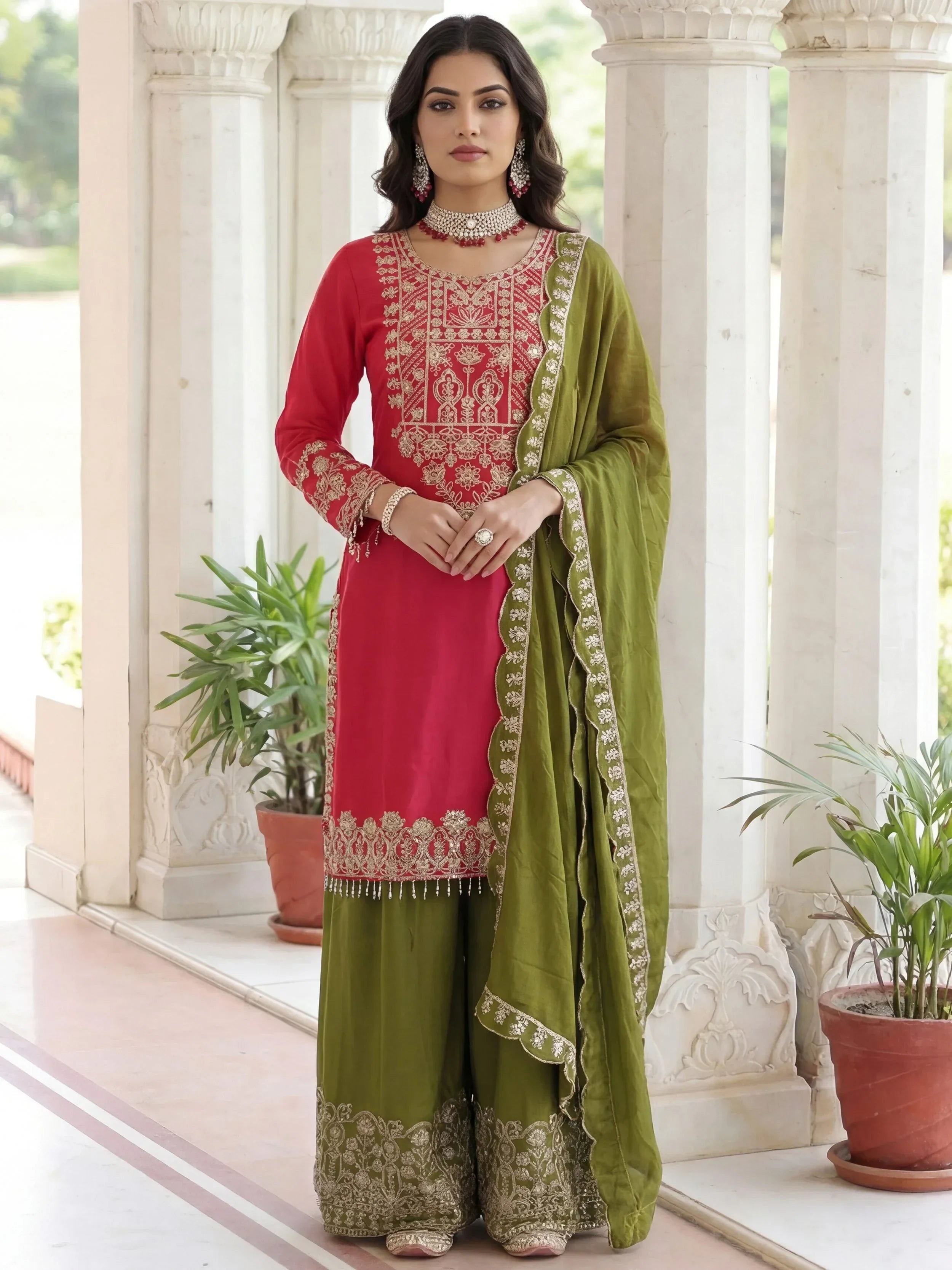 Pink Fabulous Embroidered Chinon Festival Wear Palazzo Suit