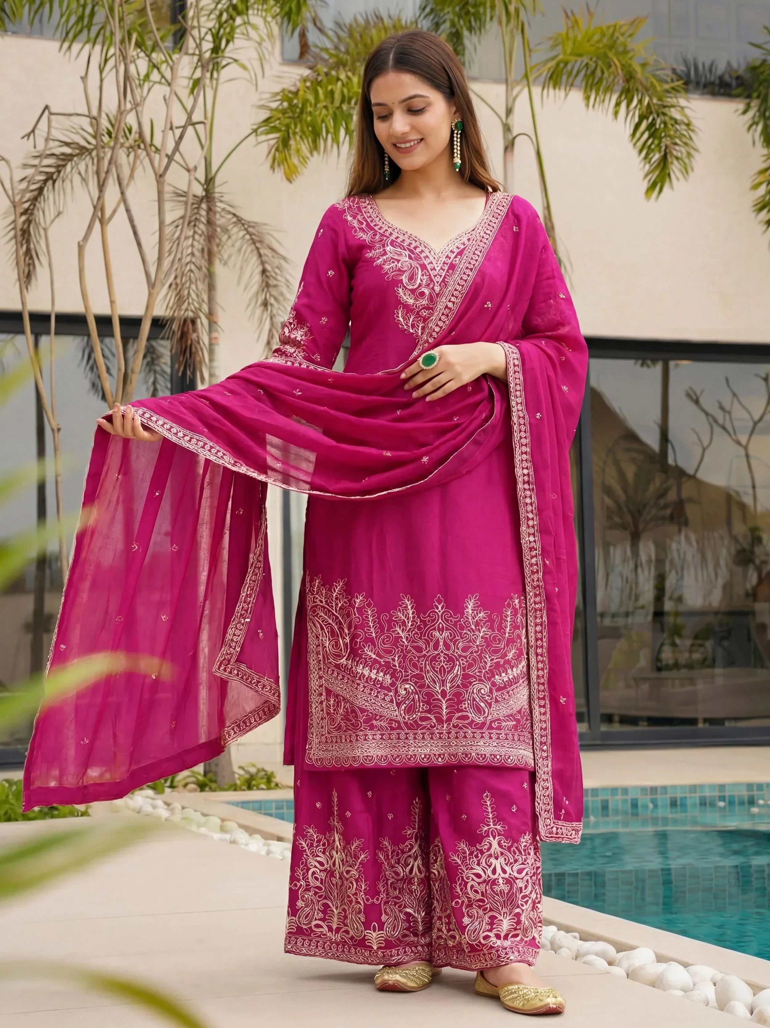 Pink Incredible Embroidered Chinon Festival Wear Palazzo Suit