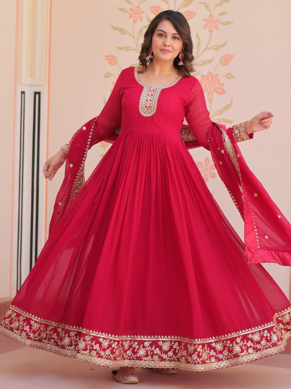 Pink Awesome Georgette Zari Embroidered Gown With Dupatta