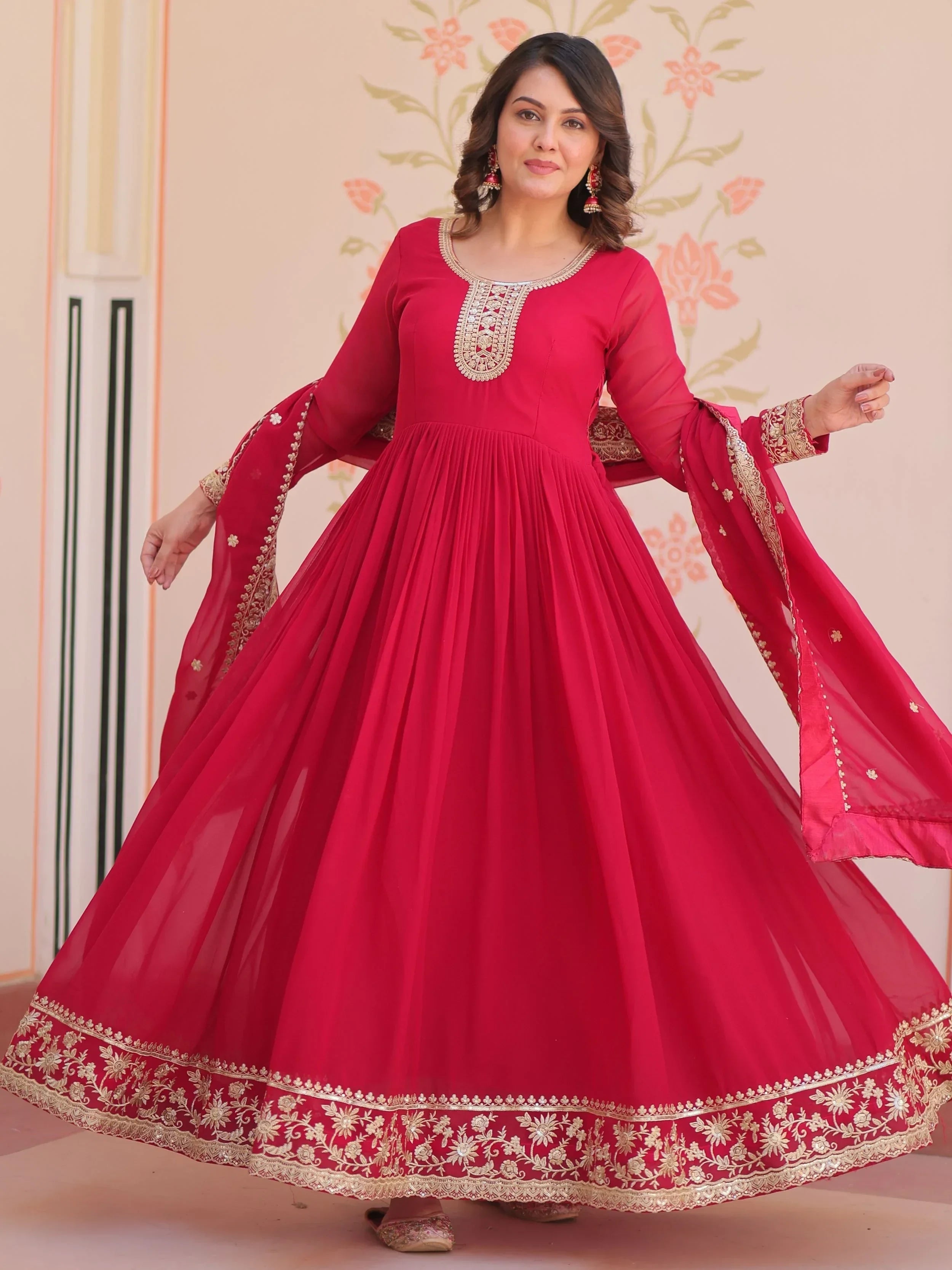 Pink Awesome Georgette Zari Embroidered Gown With Dupatta