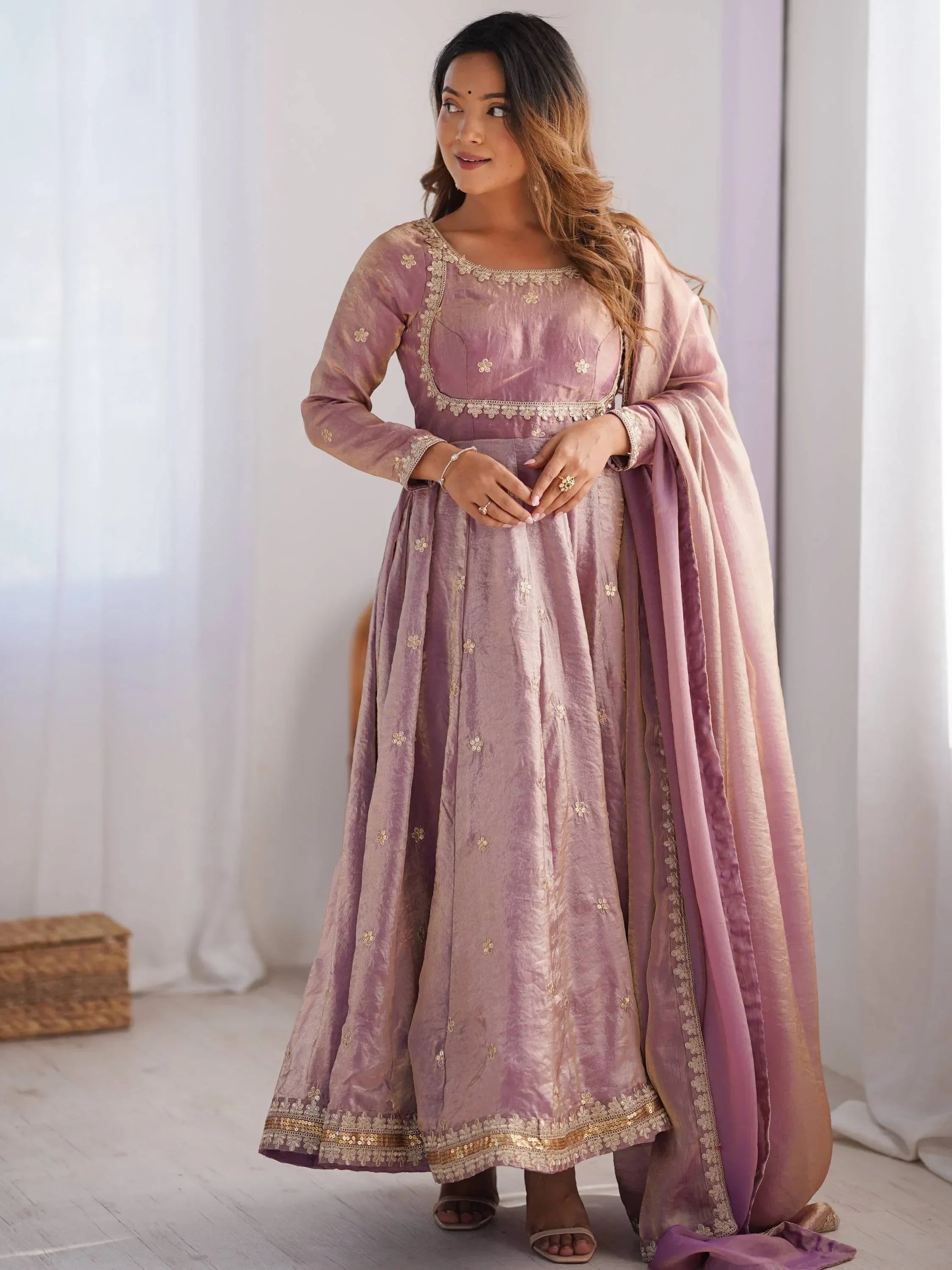 Pink Dazzling Coding Work Silk Festive Wear Gown With Dupatta
