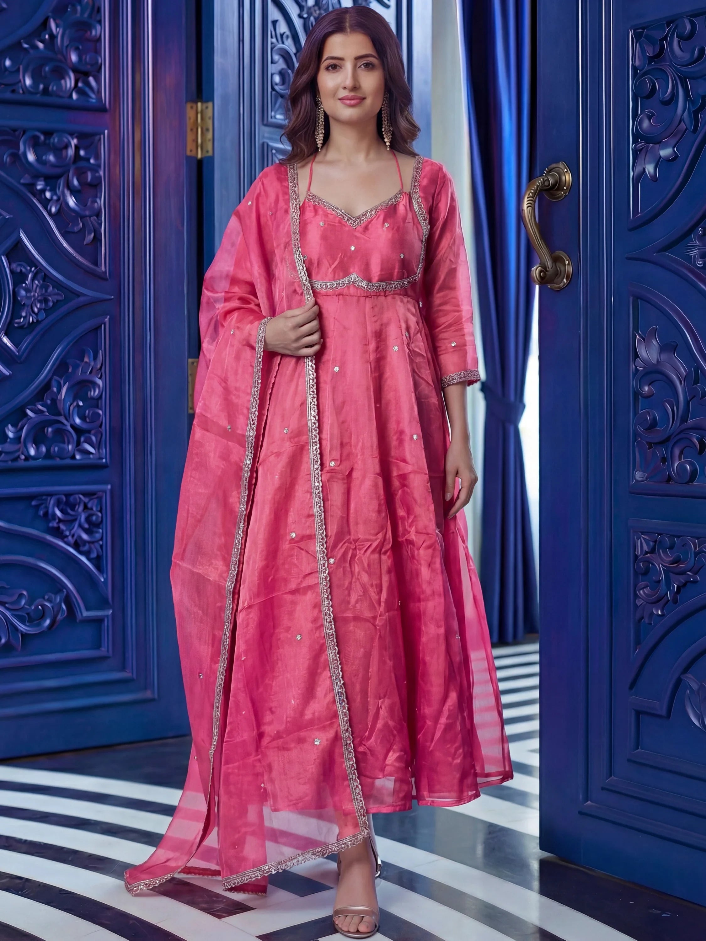 Pink Beautiful Sequins Silk Haldi Wear Anarkali Gown