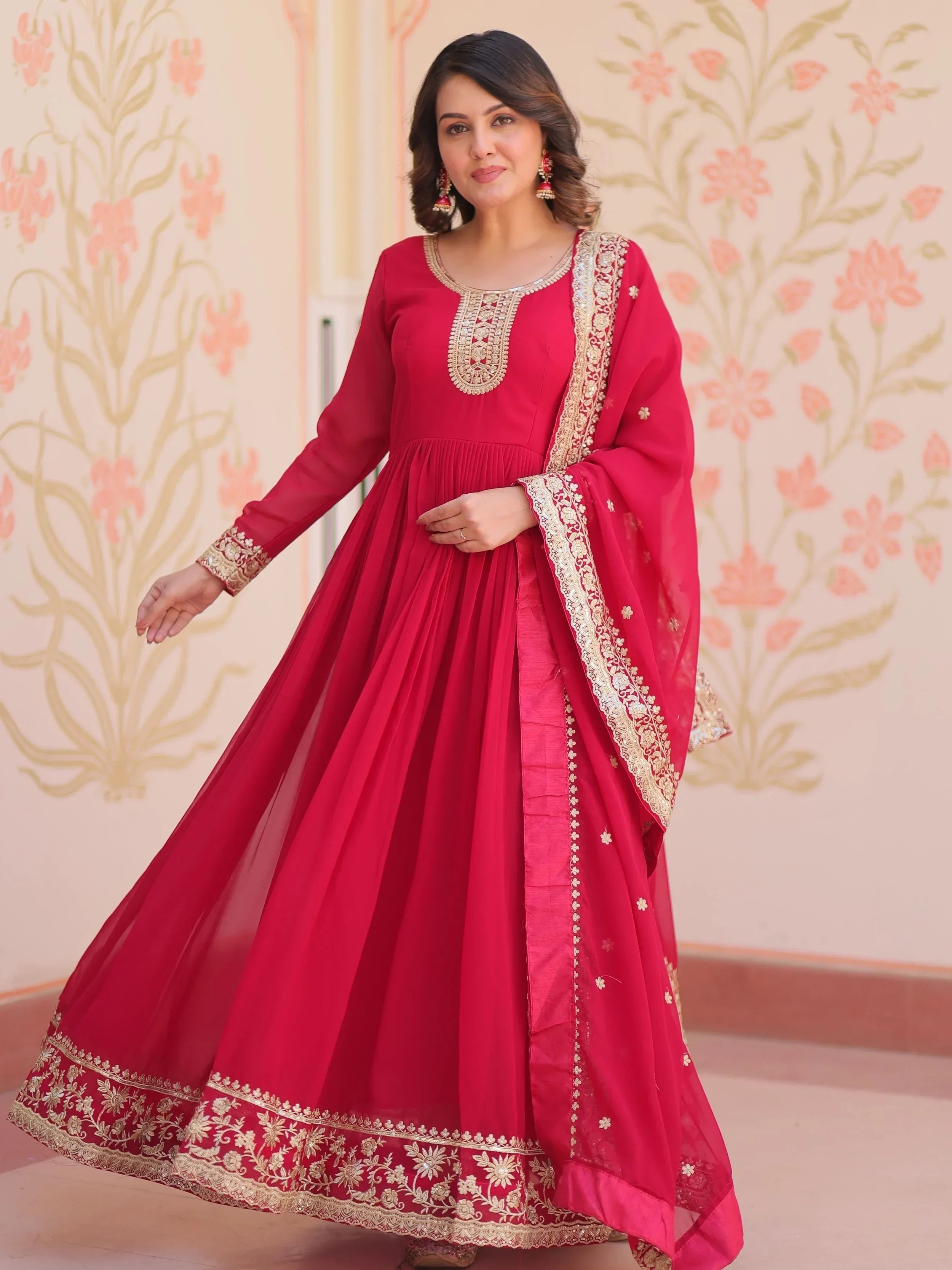 Pink Awesome Georgette Zari Embroidered Gown With Dupatta