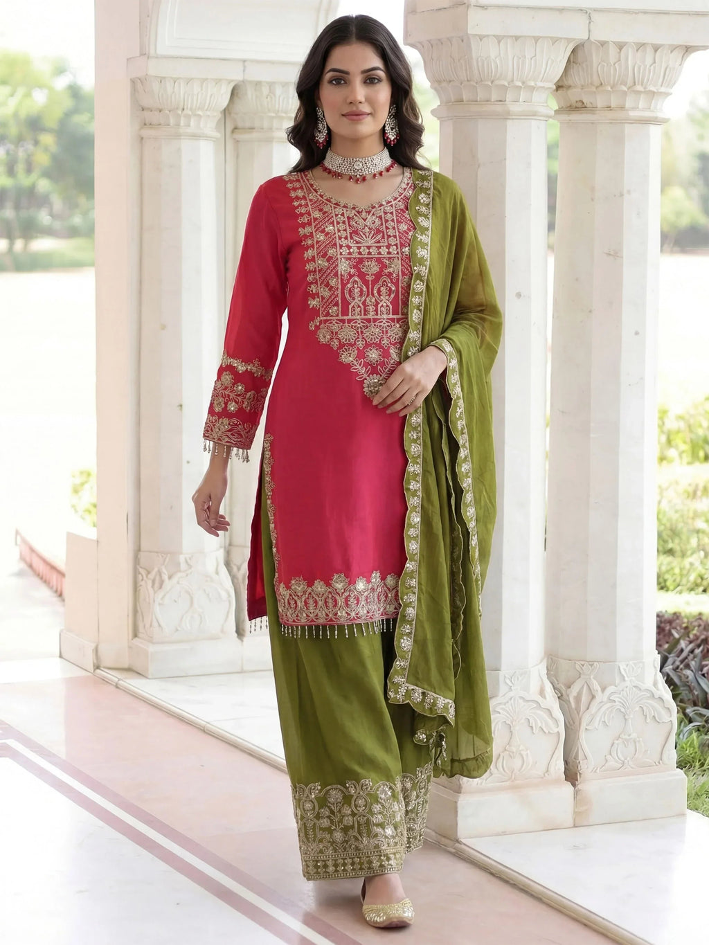 Pink Fabulous Embroidered Chinon Festival Wear Palazzo Suit