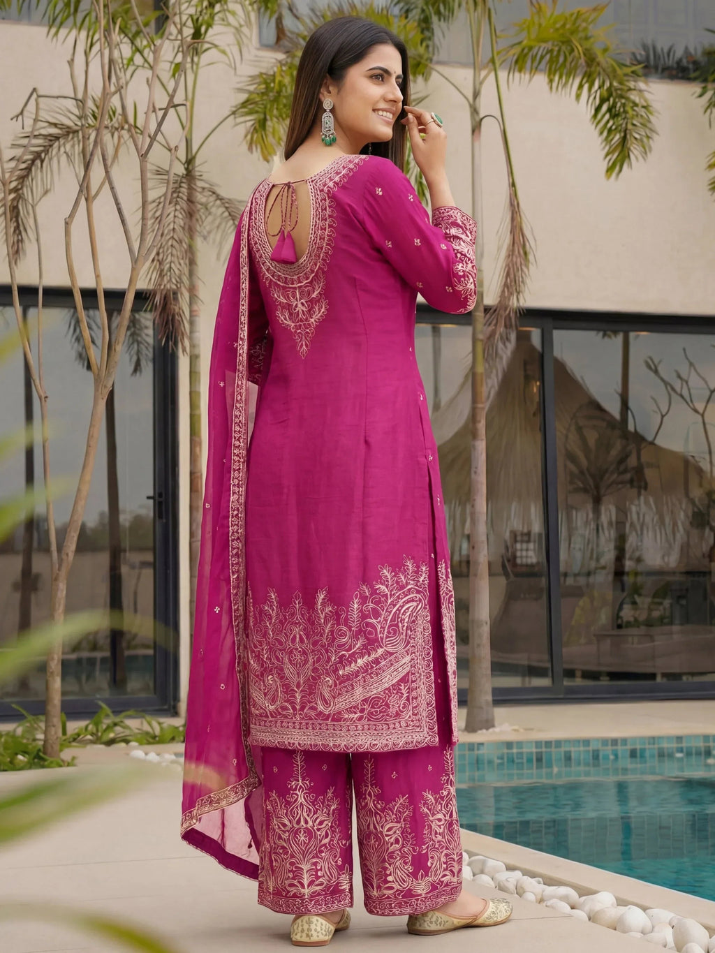 Pink Incredible Embroidered Chinon Festival Wear Palazzo Suit