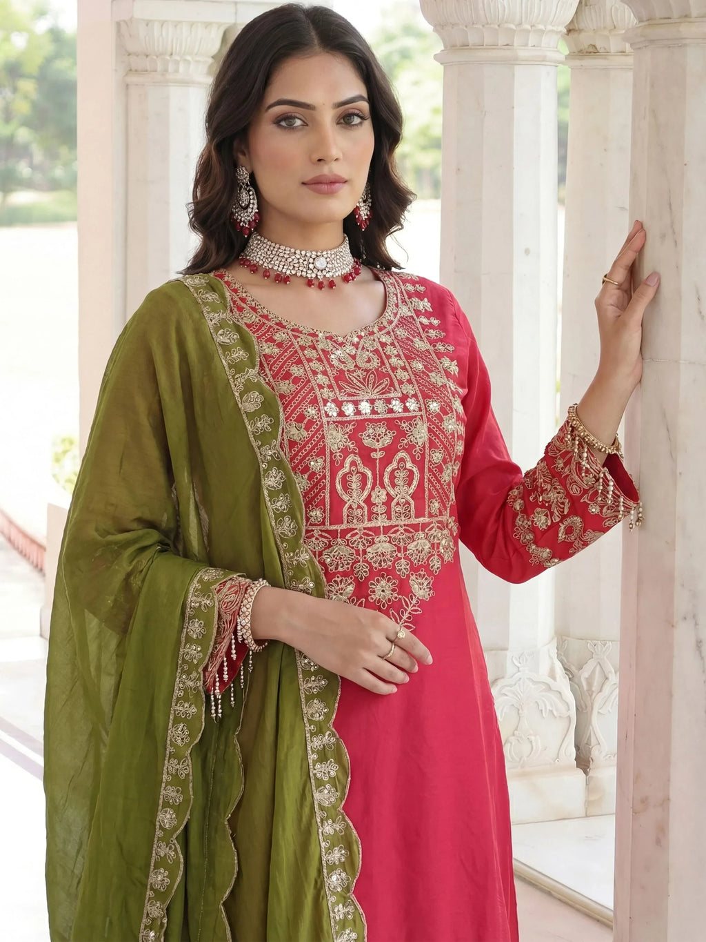 Pink Fabulous Embroidered Chinon Festival Wear Palazzo Suit