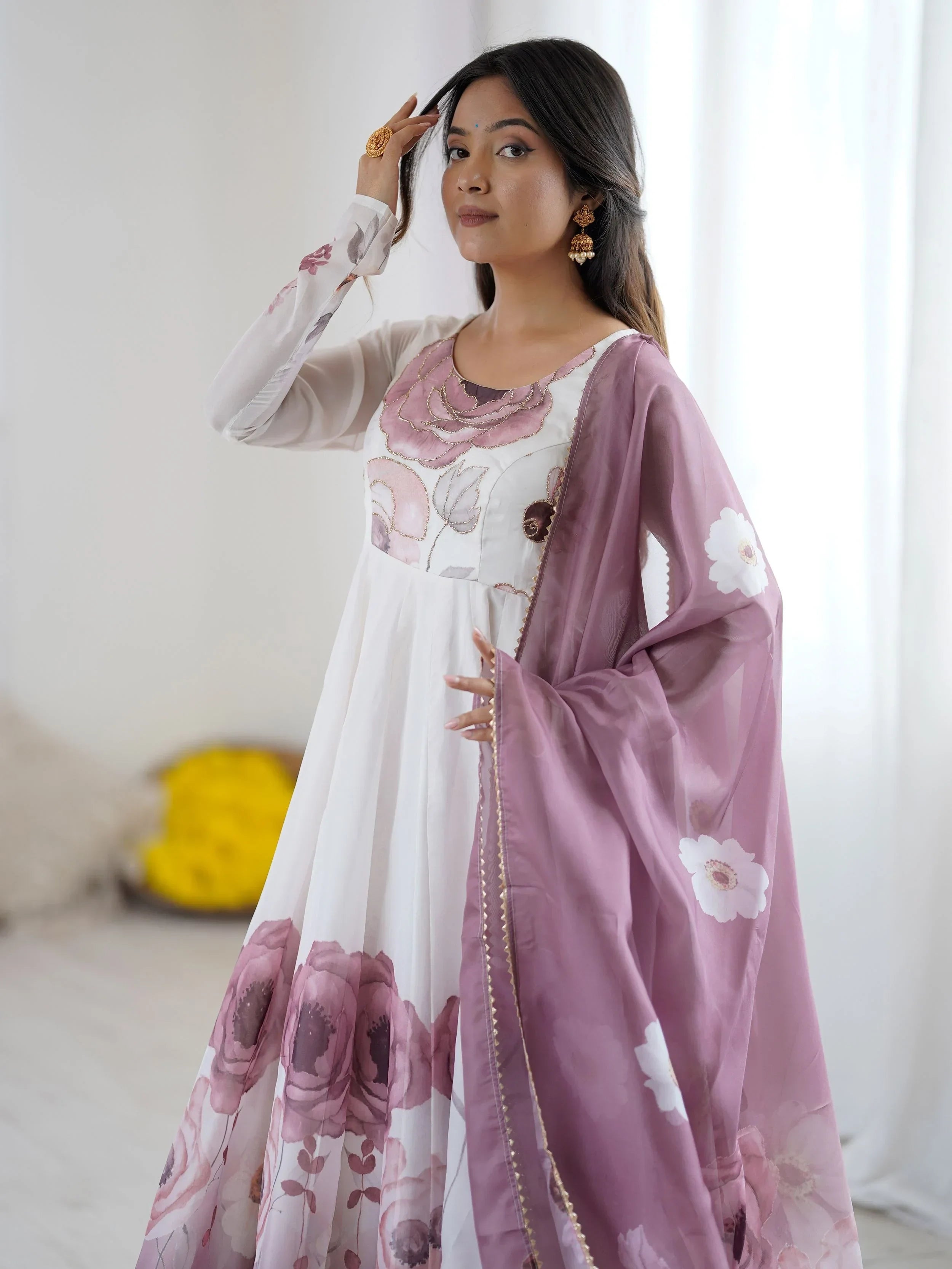 Pink Alluring Organza Floral Printed Festival Wear Anarkali Suit