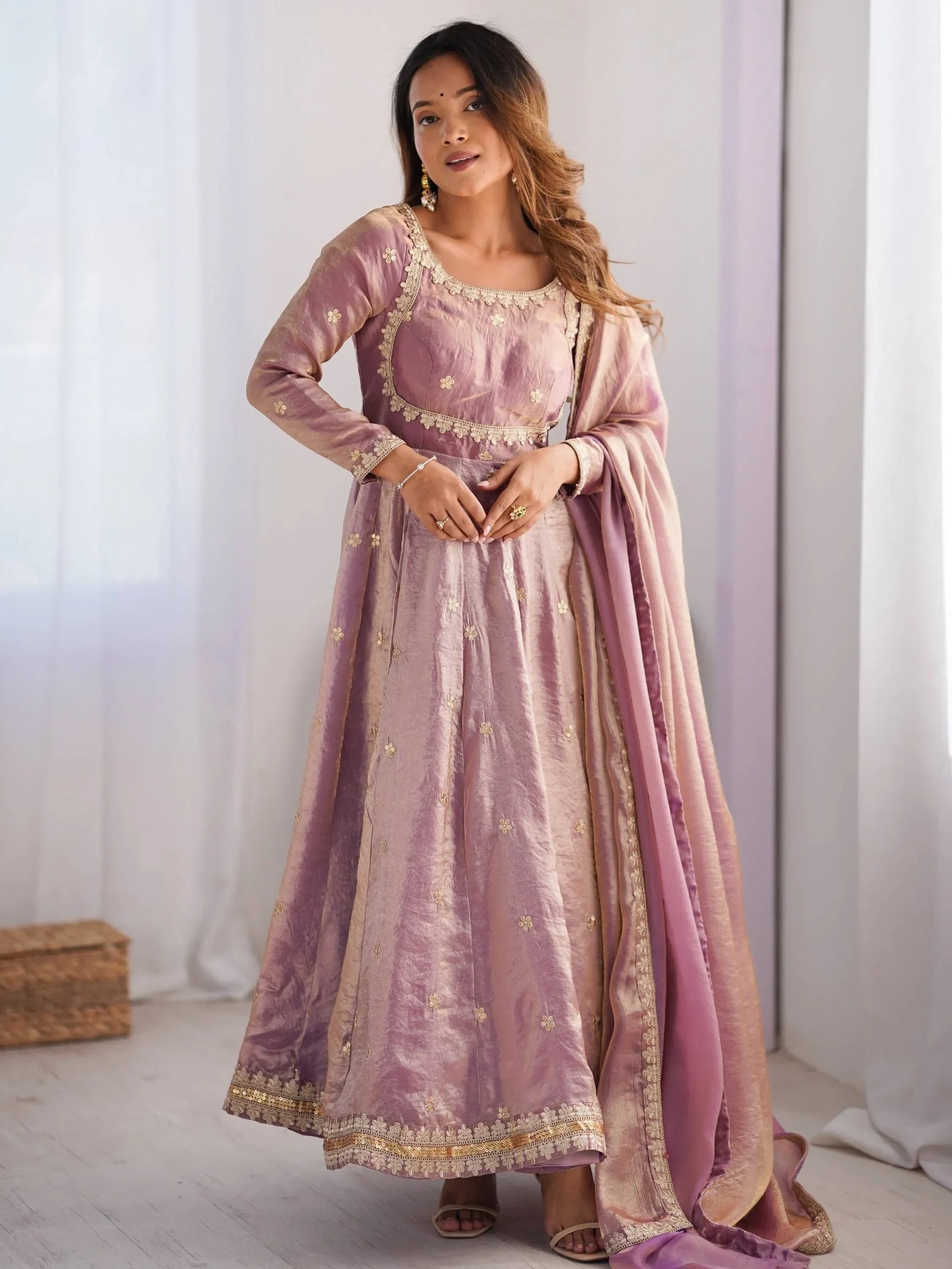 Pink Dazzling Coding Work Silk Festive Wear Gown With Dupatta