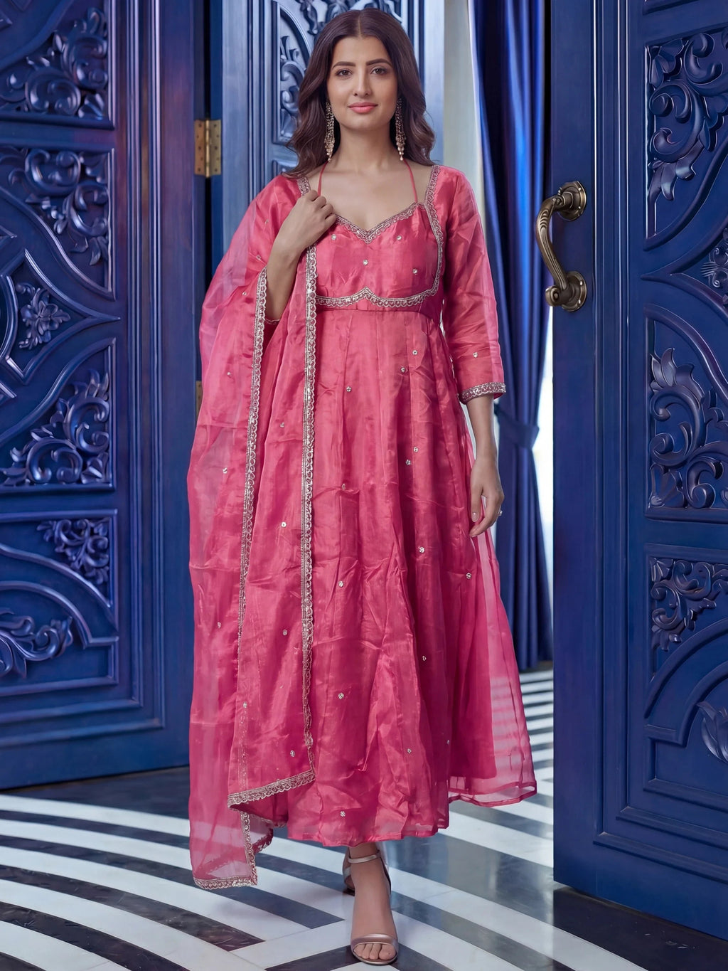 Pink Beautiful Sequins Silk Haldi Wear Anarkali Gown