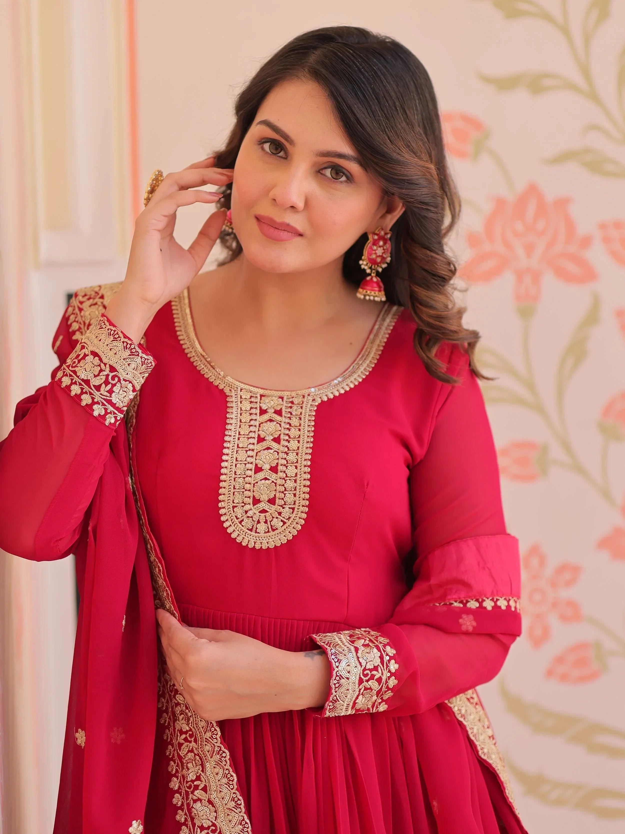 Pink Awesome Georgette Zari Embroidered Gown With Dupatta