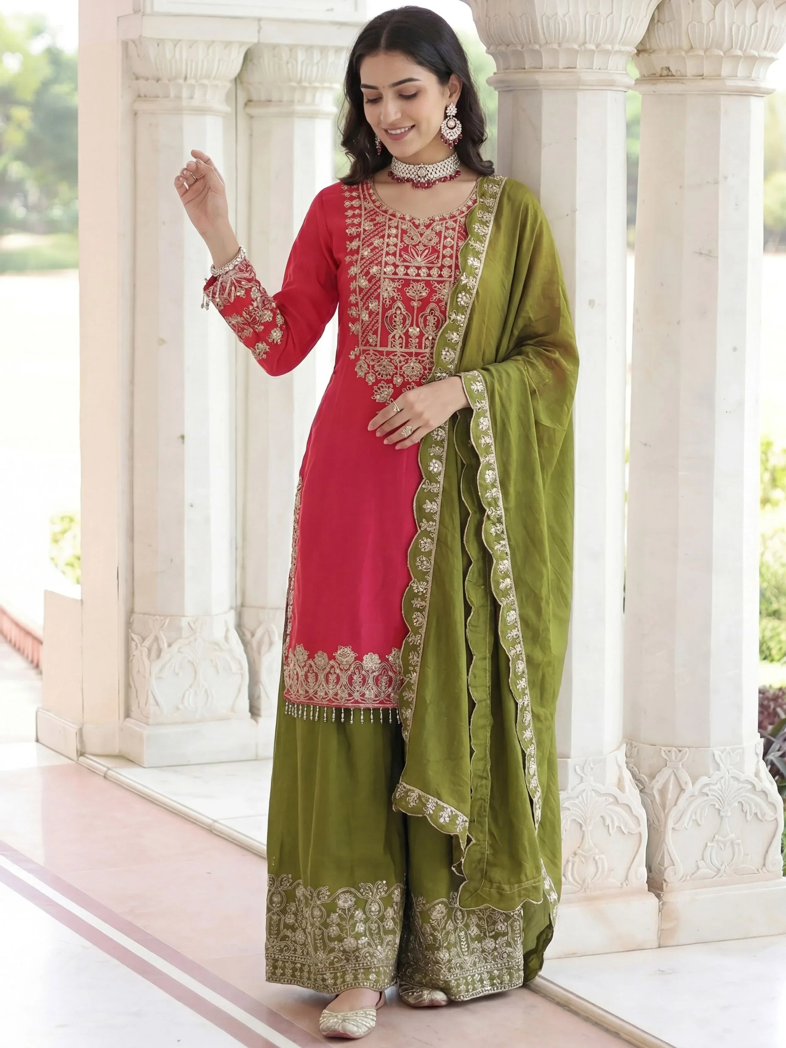 Pink Fabulous Embroidered Chinon Festival Wear Palazzo Suit
