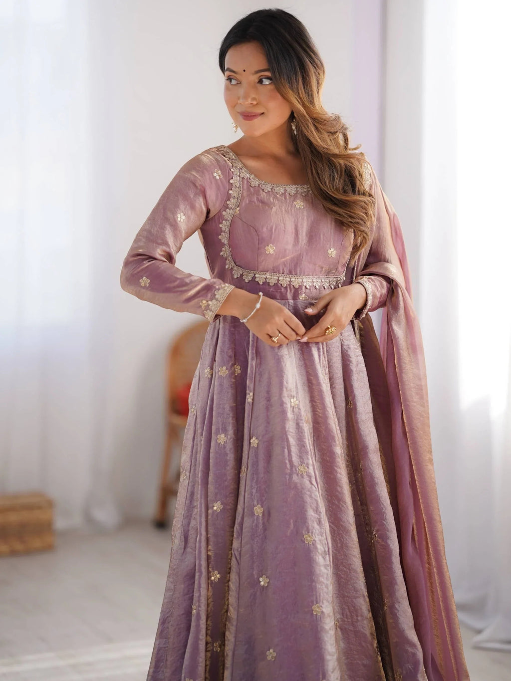 Pink Dazzling Coding Work Silk Festive Wear Gown With Dupatta