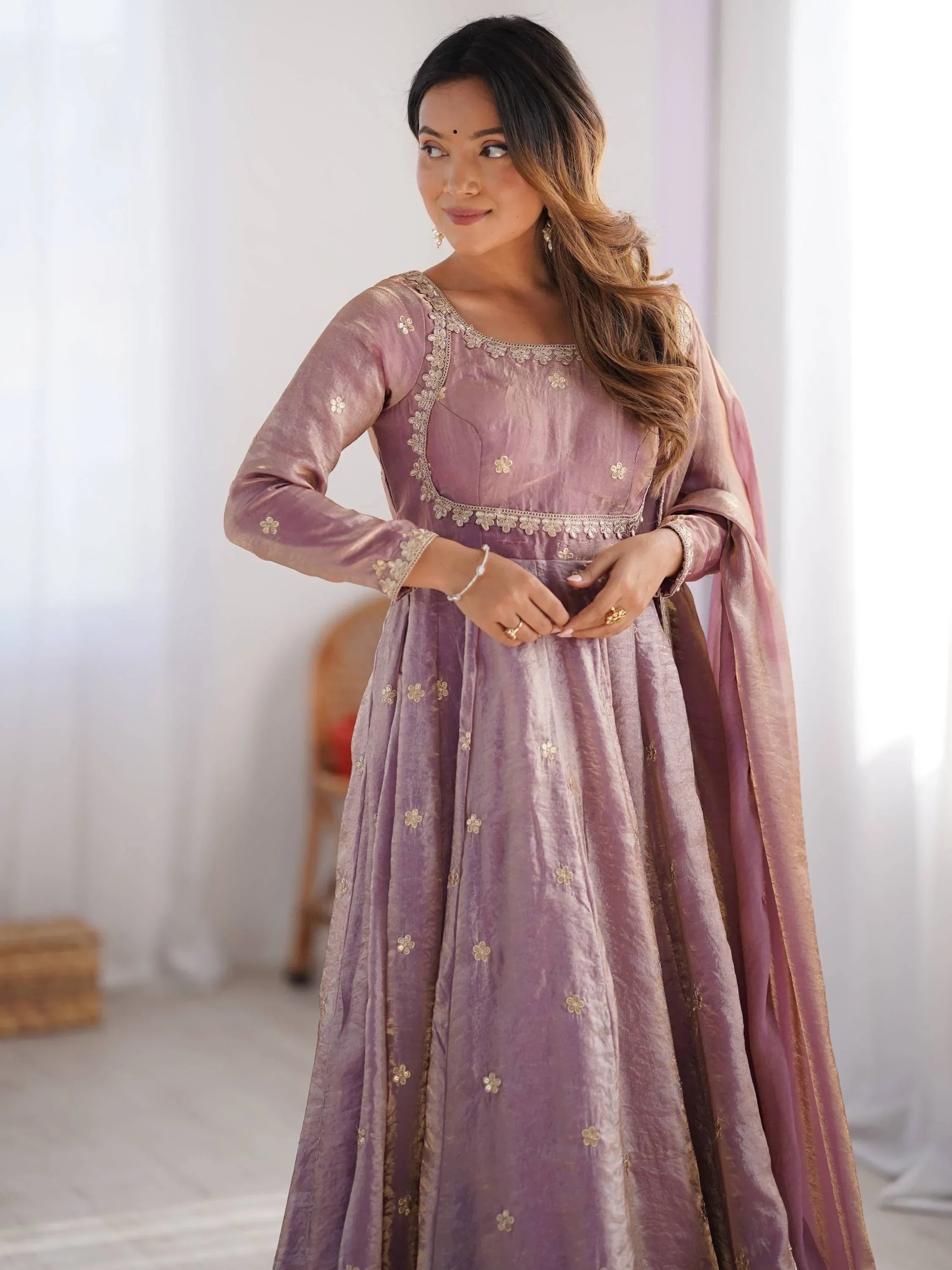 Pink Dazzling Coding Work Silk Festive Wear Gown With Dupatta