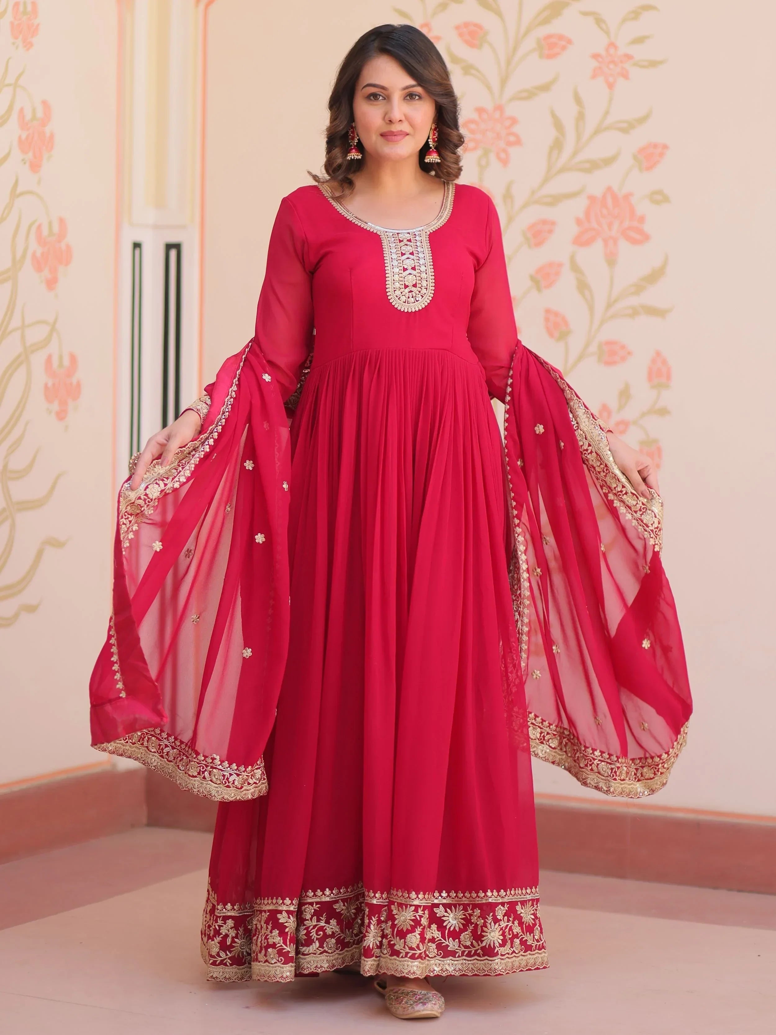 Pink Awesome Georgette Zari Embroidered Gown With Dupatta
