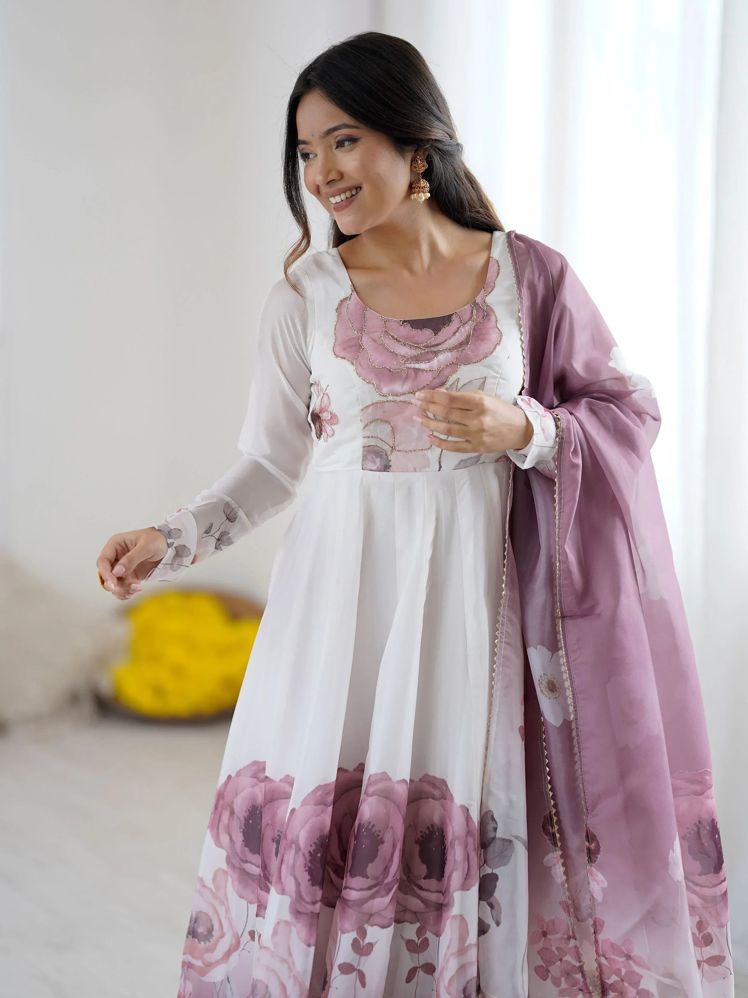 Pink Alluring Organza Floral Printed Festival Wear Anarkali Suit