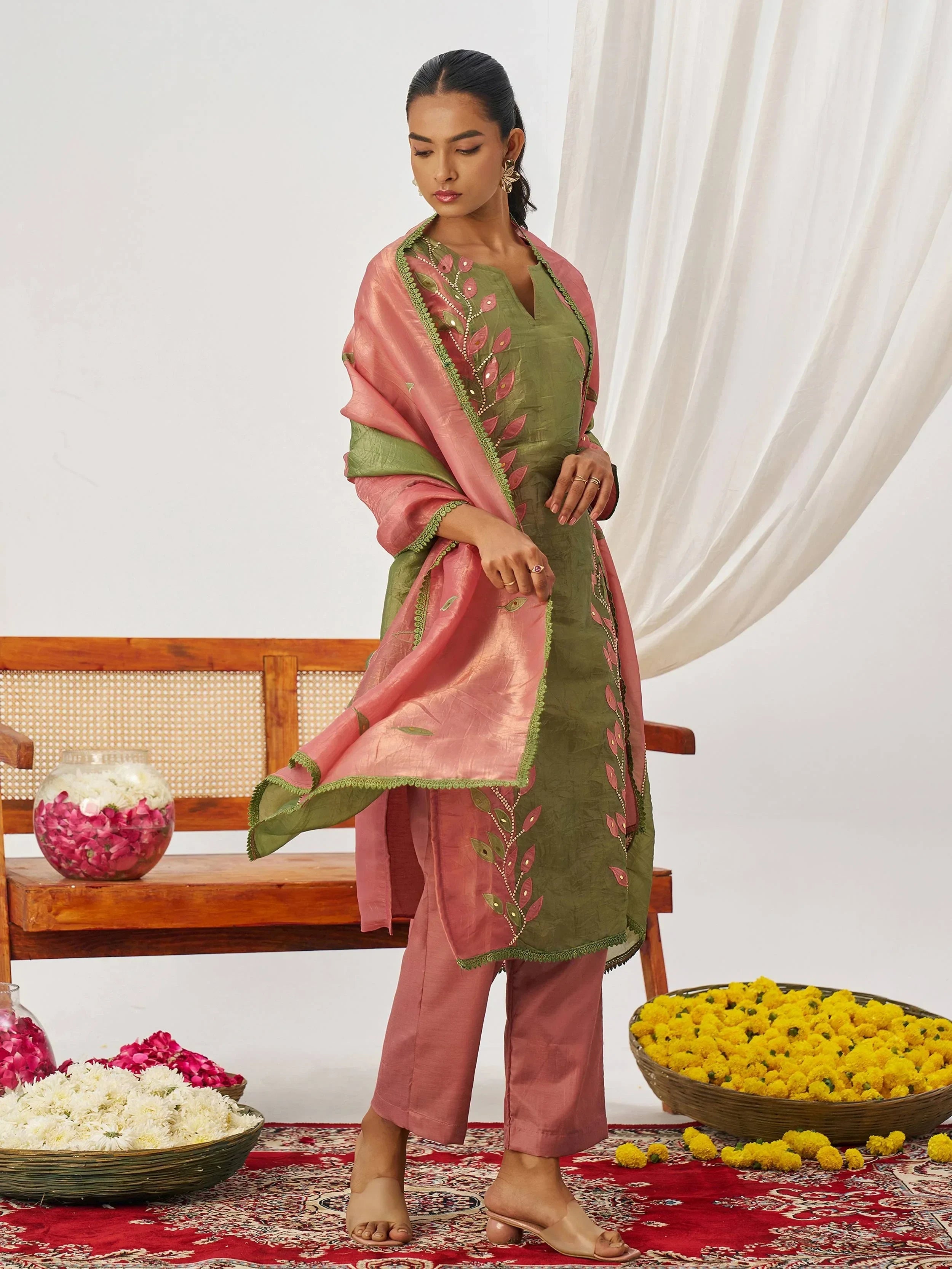Gorgeous Pink Patch Work Organza Traditional Straight Suit