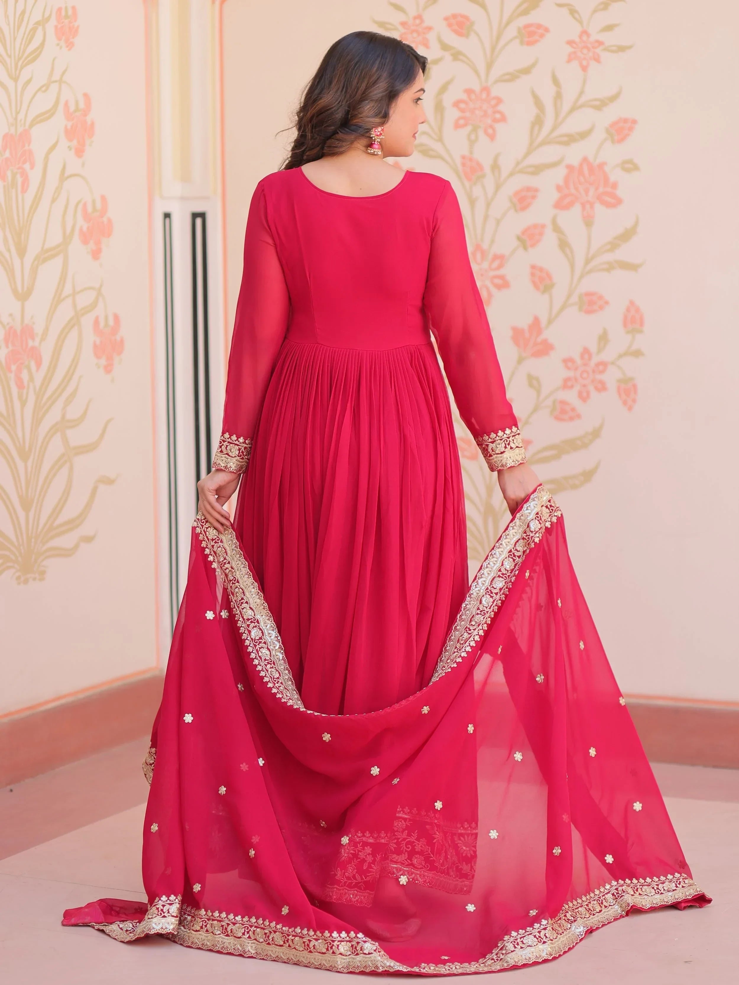 Pink Awesome Georgette Zari Embroidered Gown With Dupatta
