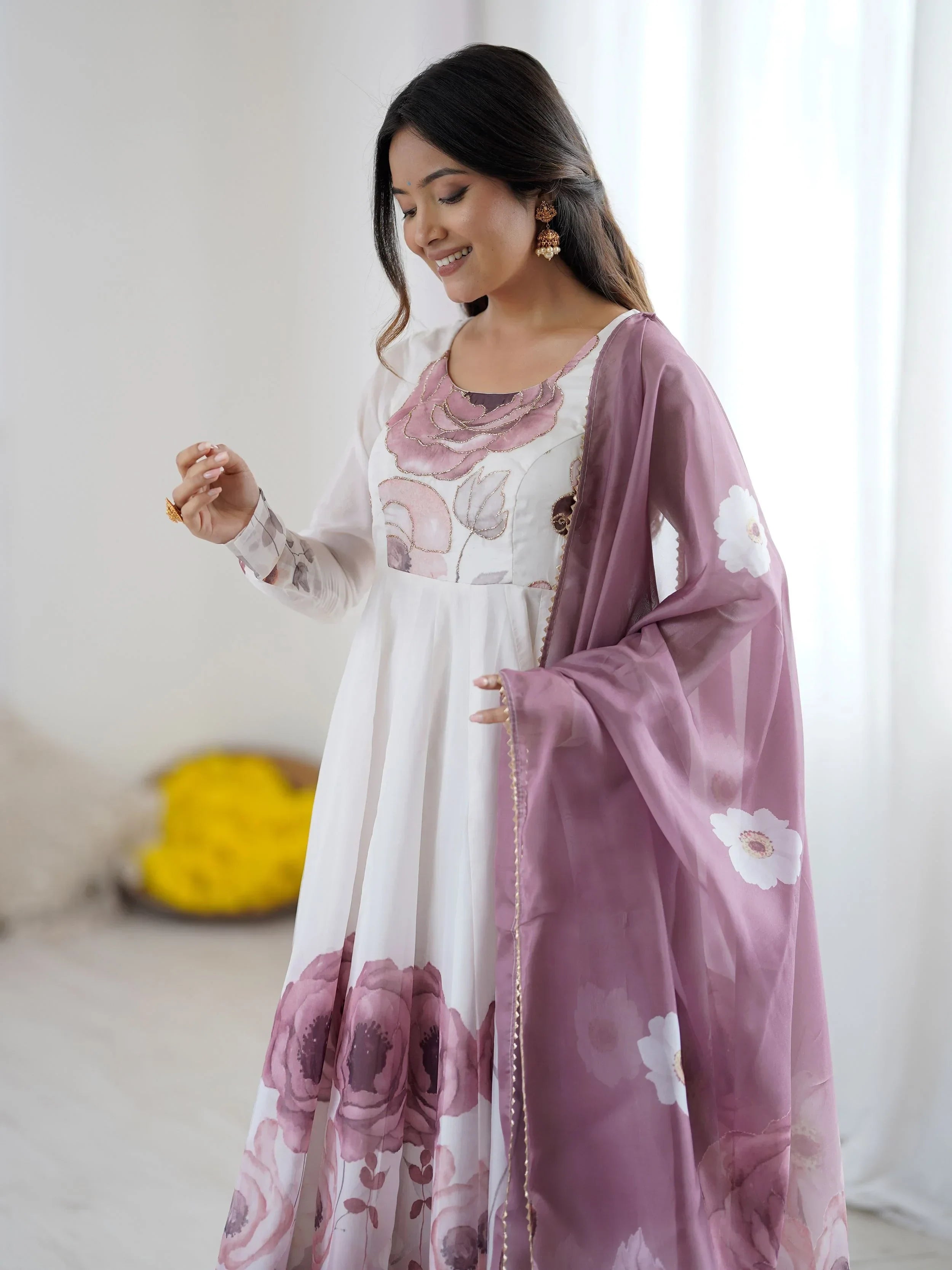 Pink Alluring Organza Floral Printed Festival Wear Anarkali Suit