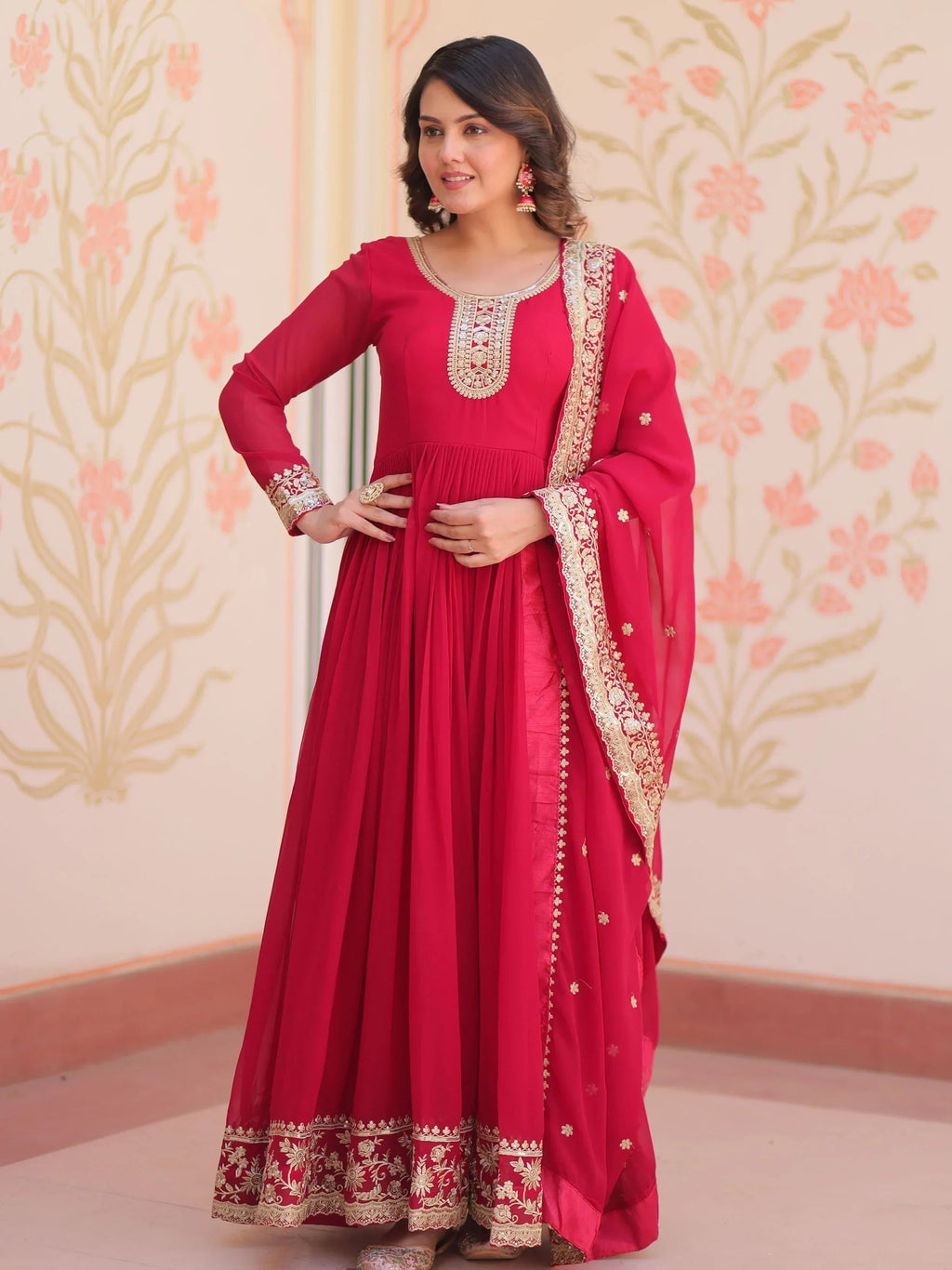 Pink Awesome Georgette Zari Embroidered Gown With Dupatta