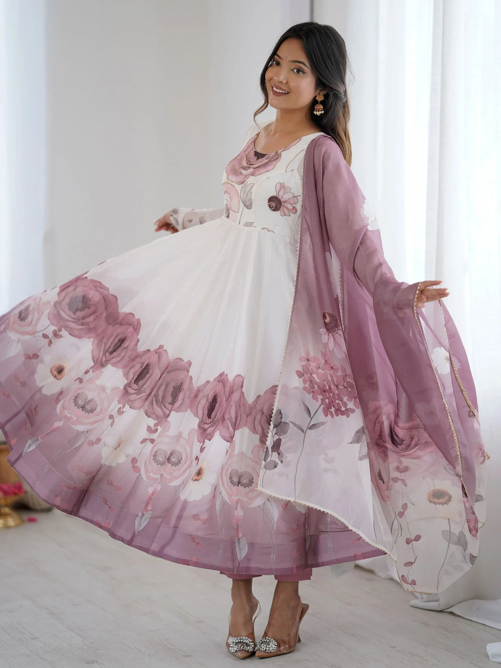 Pink Alluring Organza Floral Printed Festival Wear Anarkali Suit