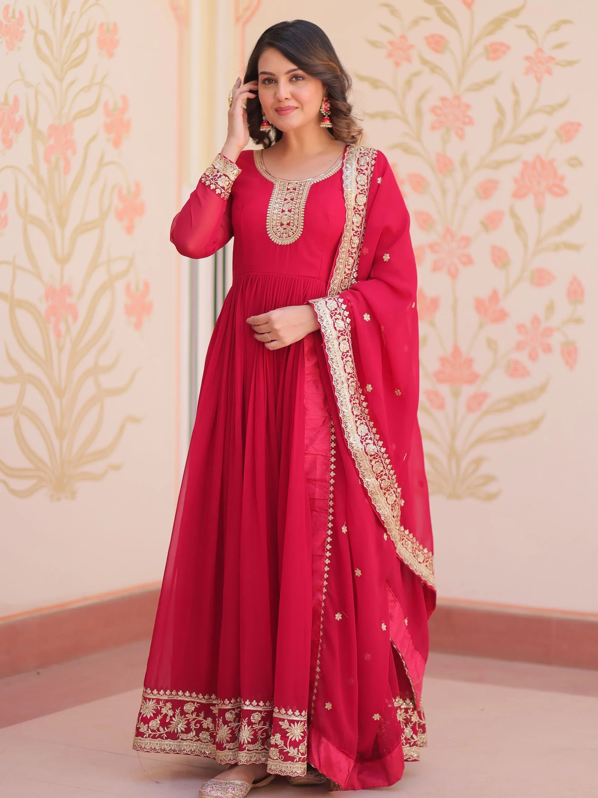 Pink Awesome Georgette Zari Embroidered Gown With Dupatta