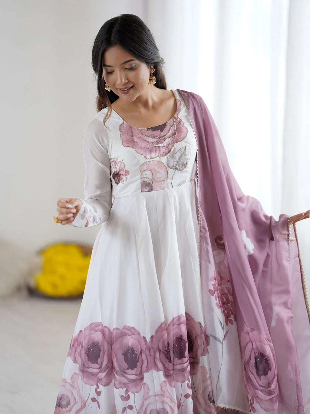 Pink Alluring Organza Floral Printed Festival Wear Anarkali Suit