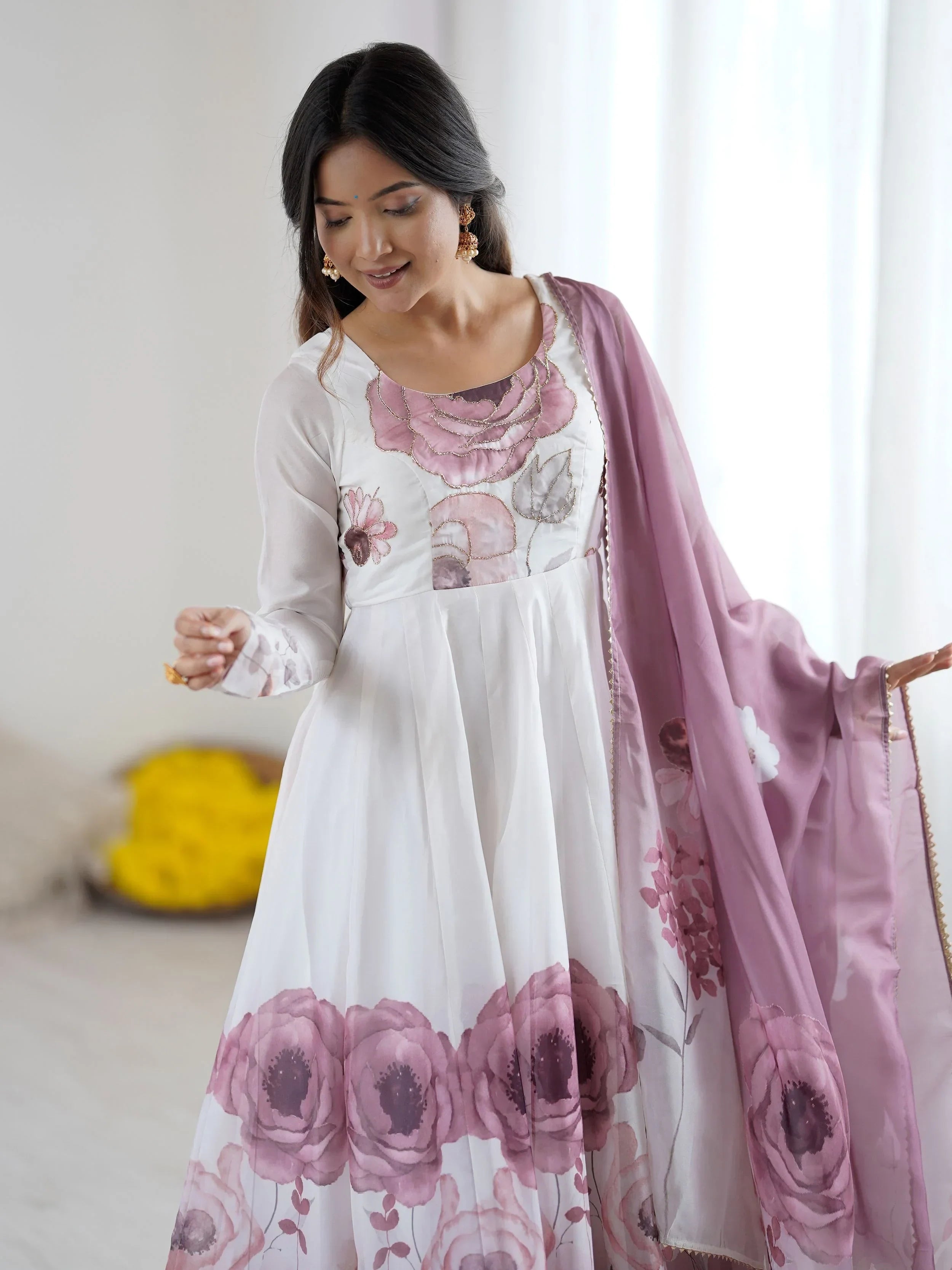Pink Alluring Organza Floral Printed Festival Wear Anarkali Suit