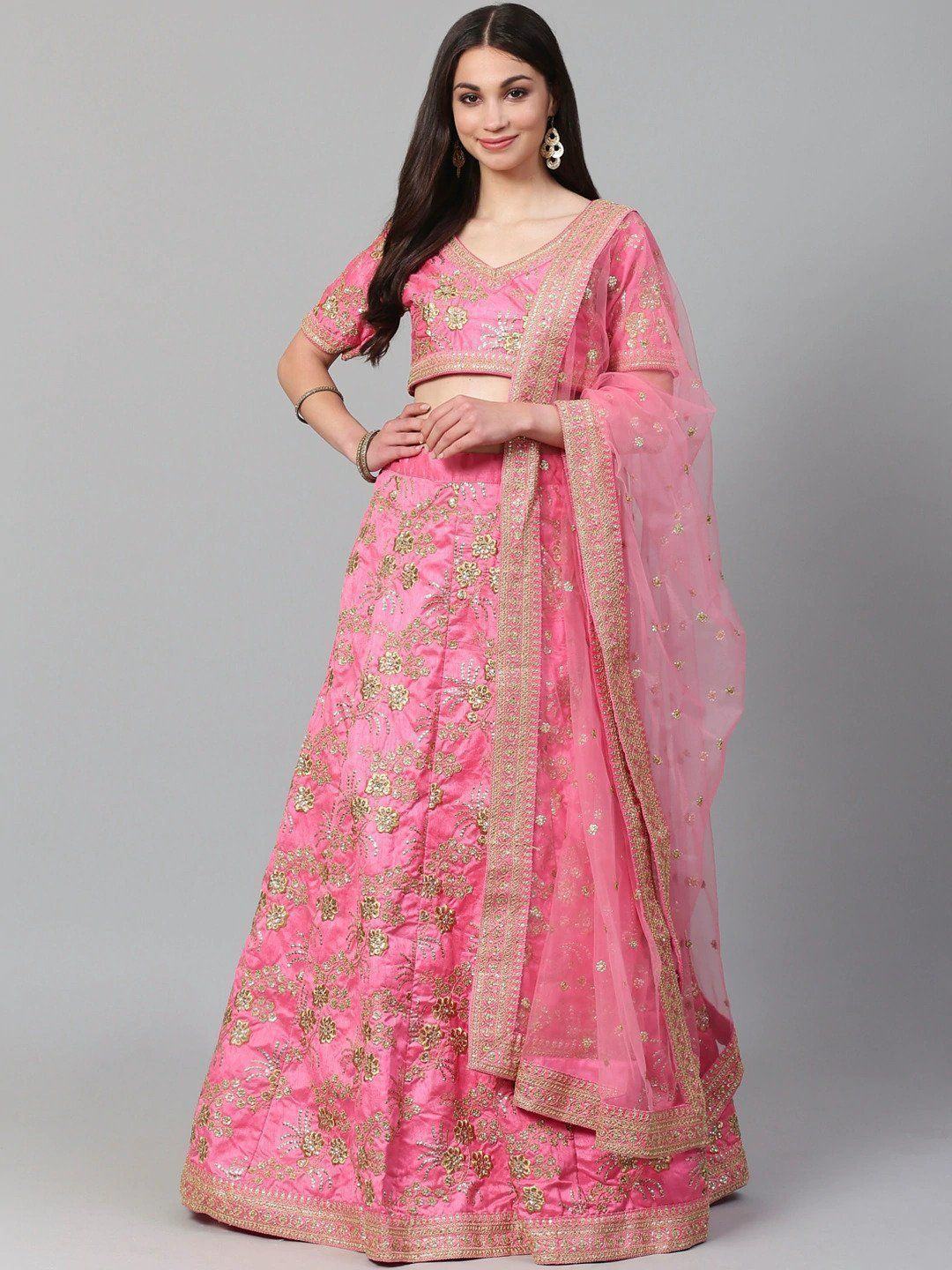 Pink & Toned Embroidered Semi-Stitched Myntra Party Wear Lehenga & Unstitched Blouse with Dupatta