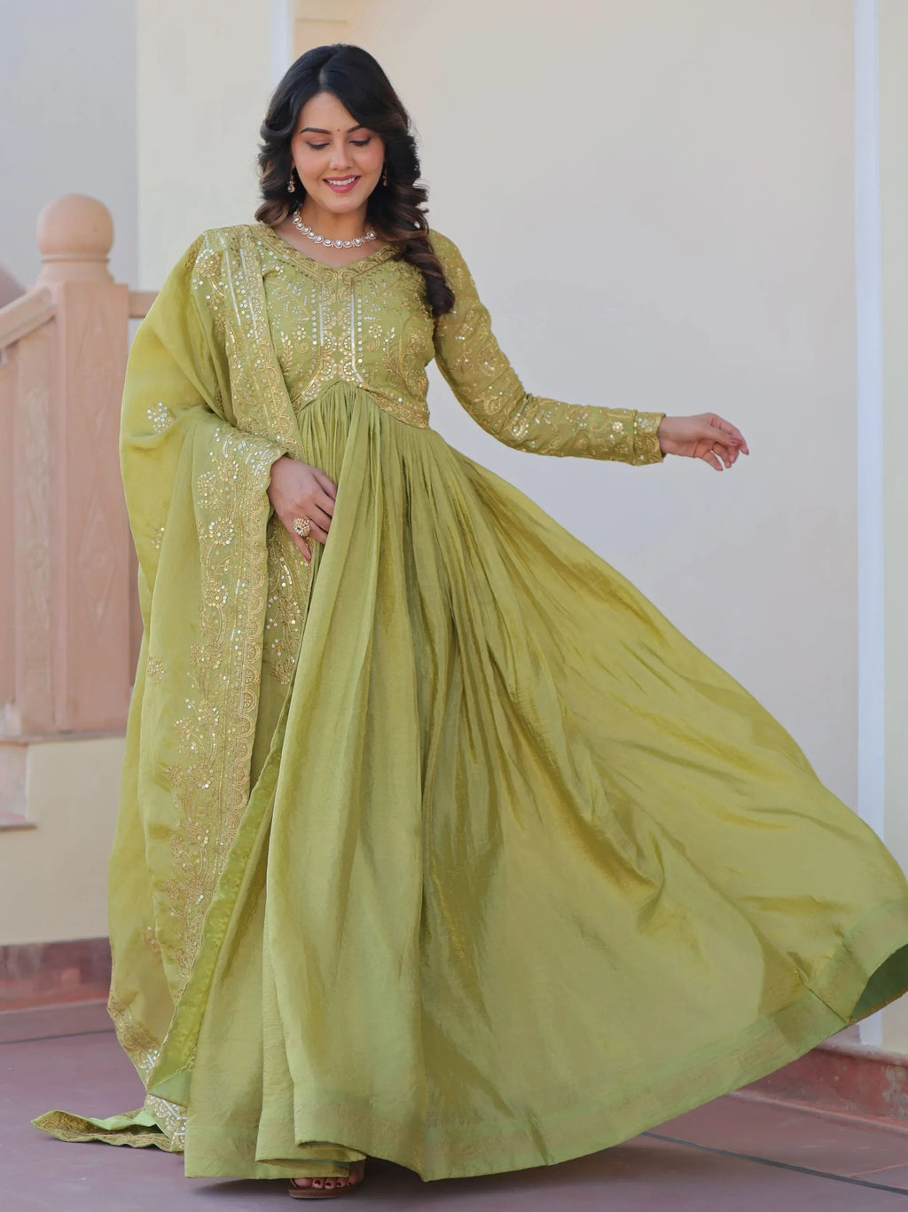 Green Mesmerizing Organza Sequins Wedding Wear Gown With Dupatta