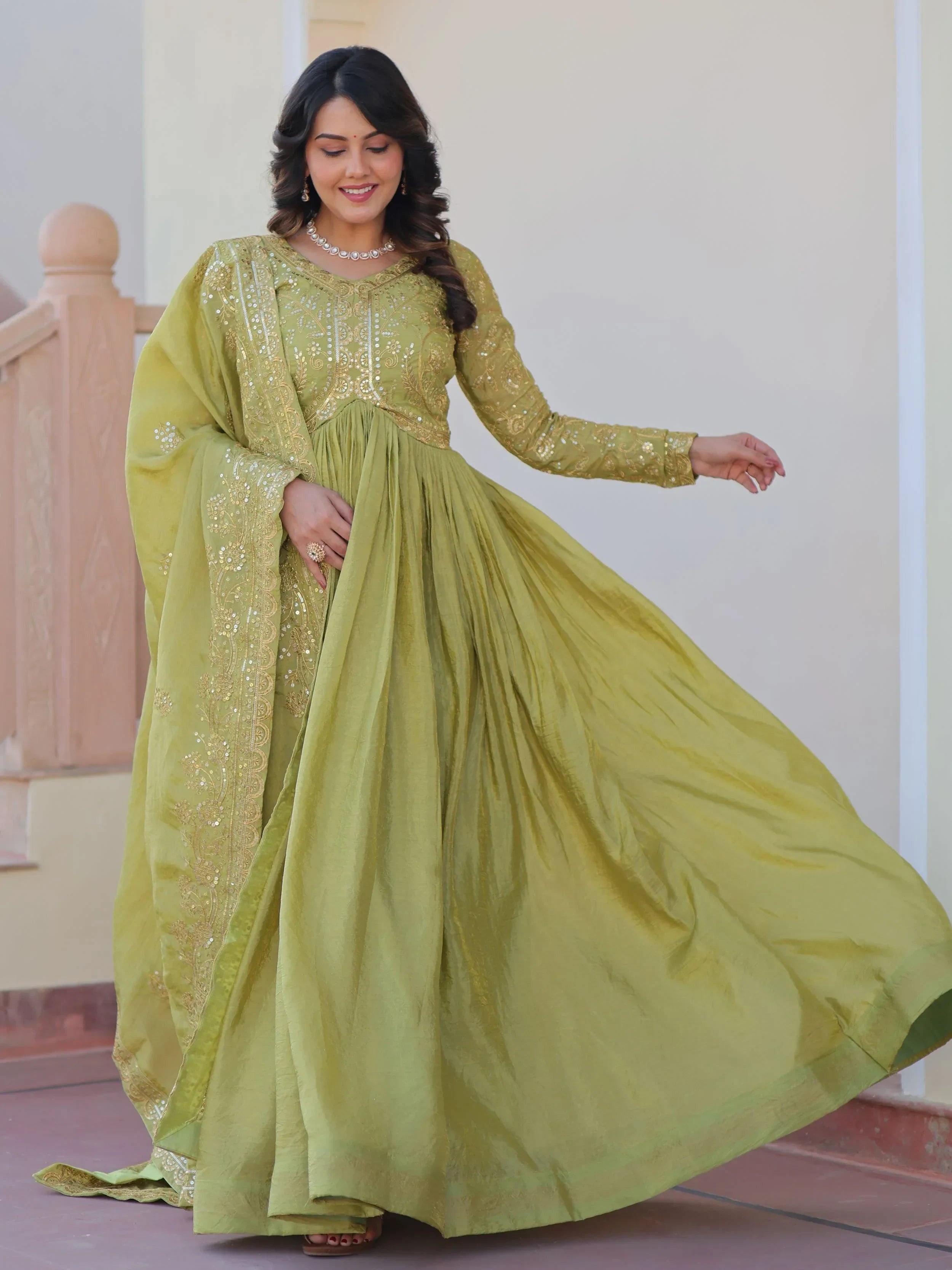 Green Mesmerizing Organza Sequins Wedding Wear Gown With Dupatta