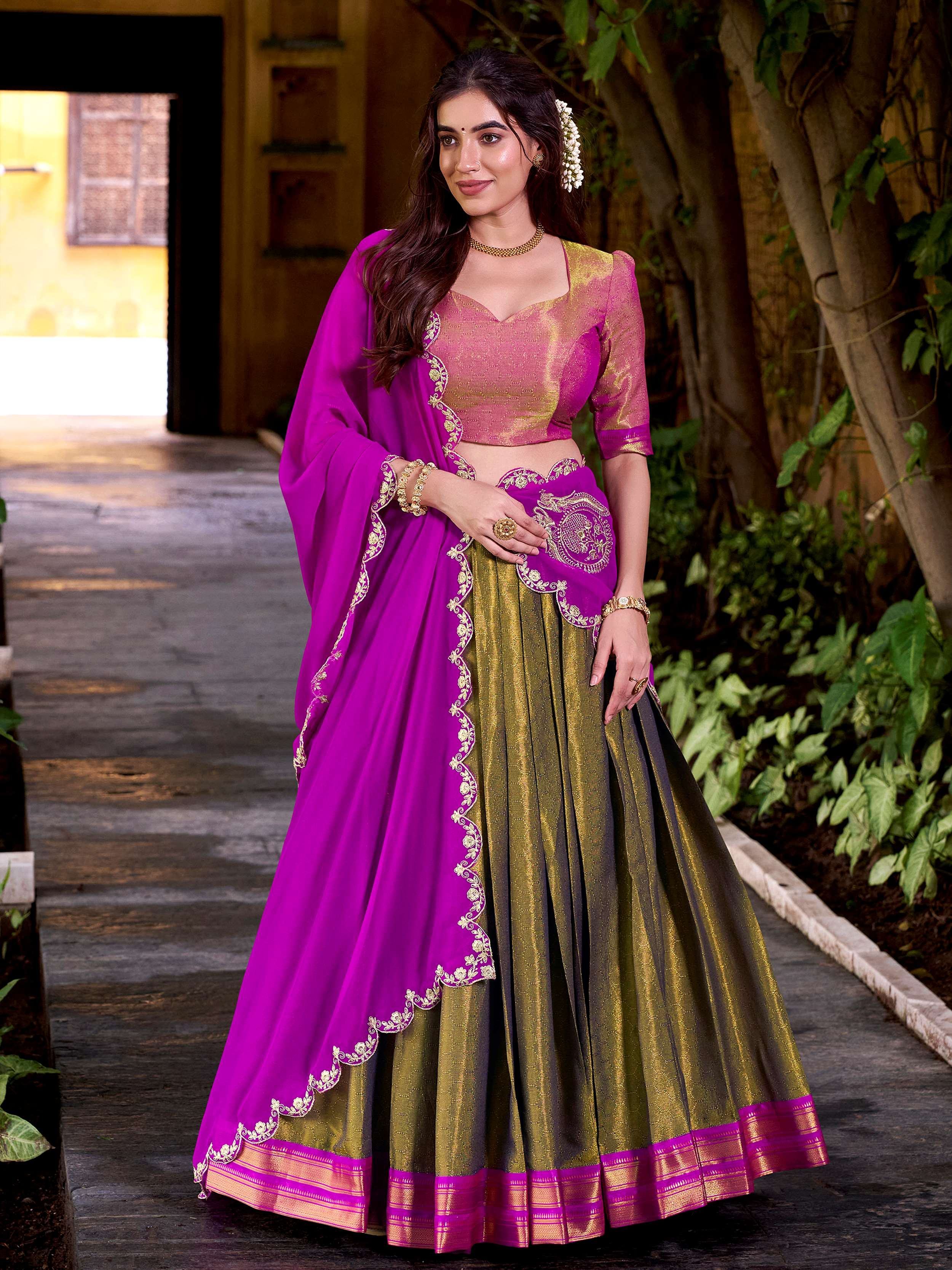 Adorable Magnetic Kanchipuram Silk Zari Weaving Half Saree Lehenga