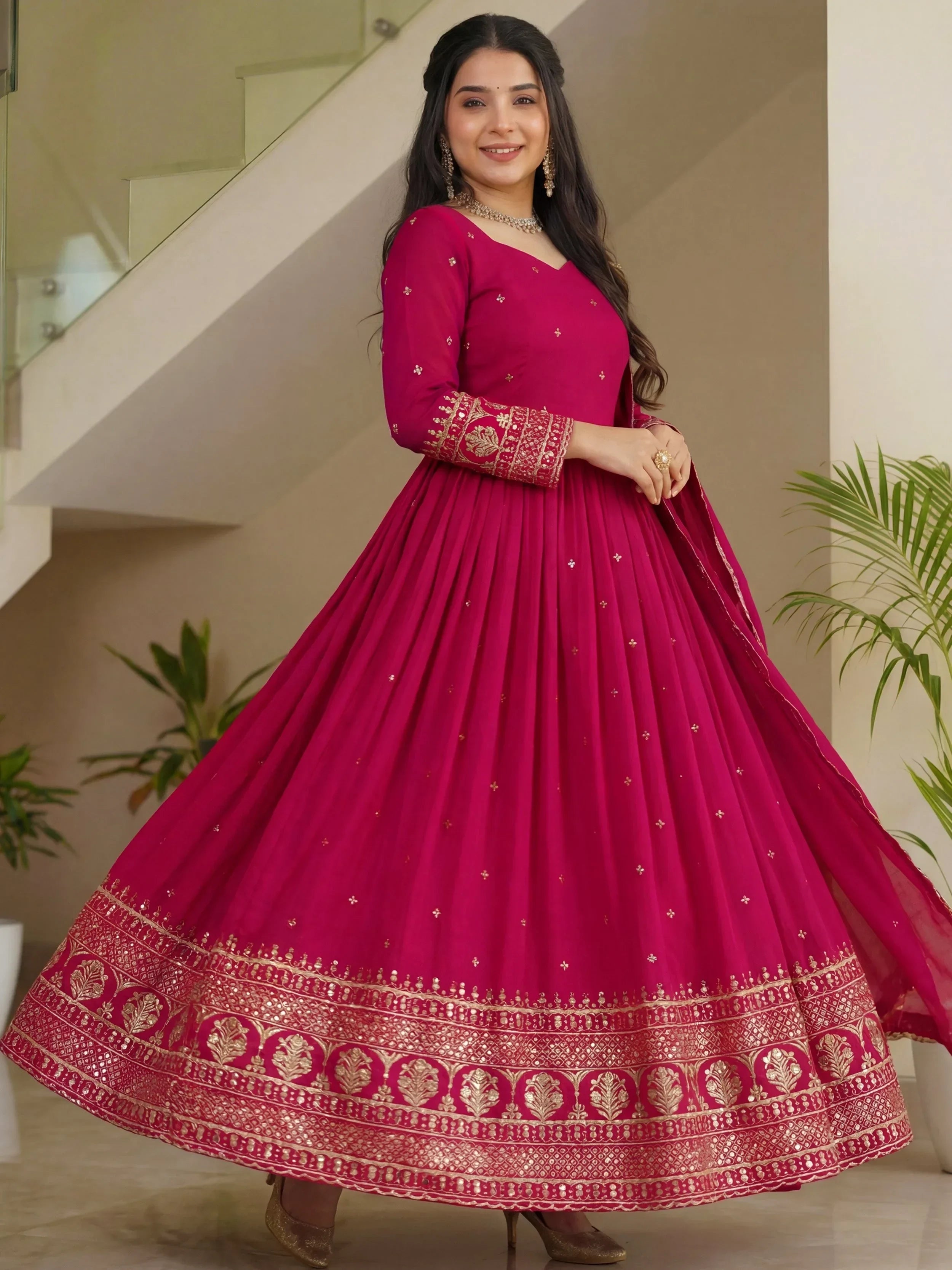 Pink Impressive Embroidered Silk Festive Wear Gown With Dupatta