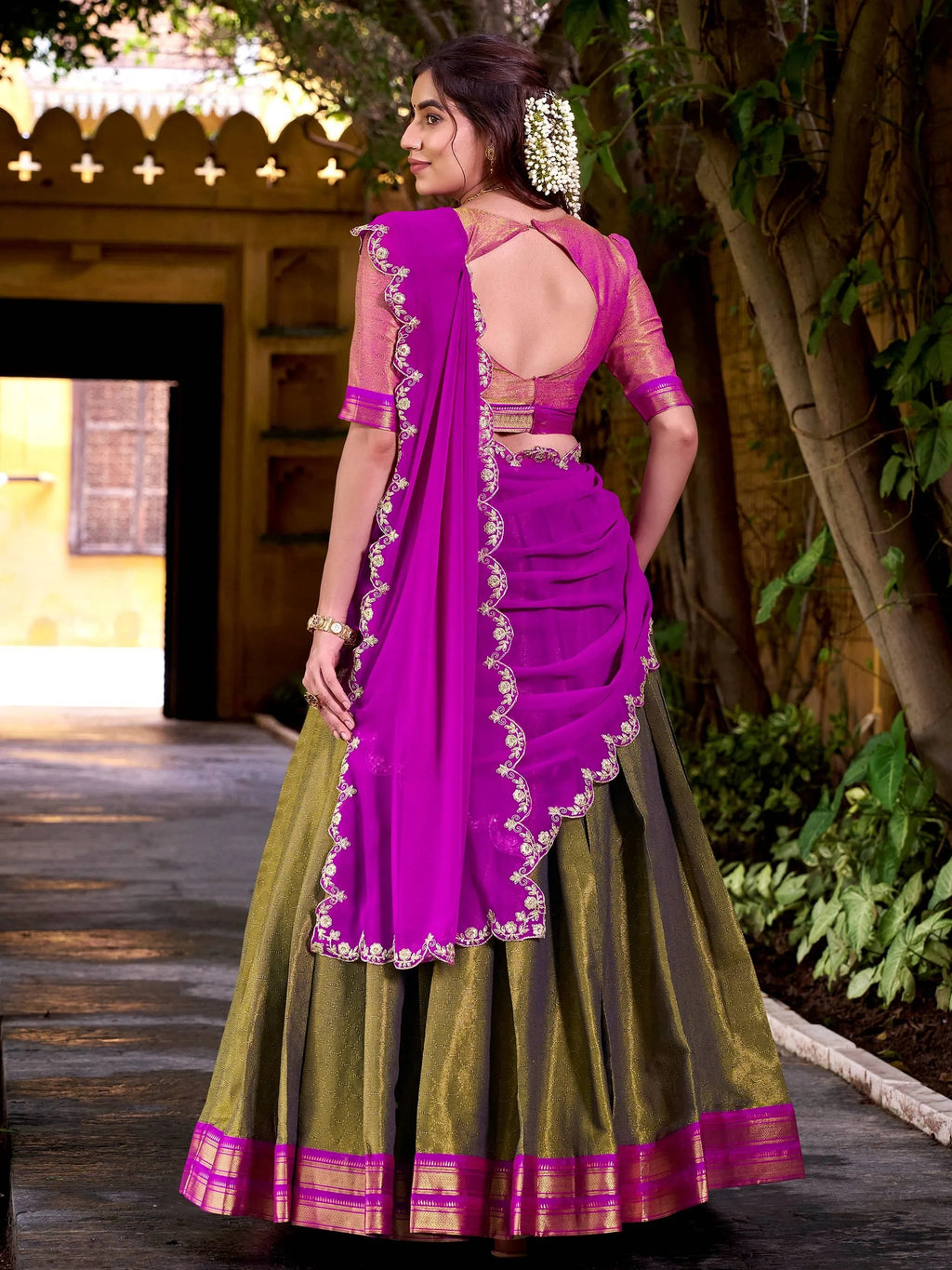Adorable Magnetic Kanchipuram Silk Zari Weaving Half Saree Lehenga