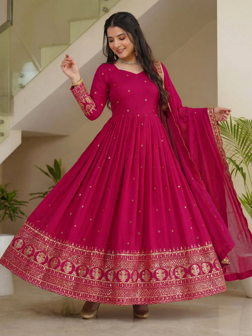 Pink Impressive Embroidered Silk Festive Wear Gown With Dupatta