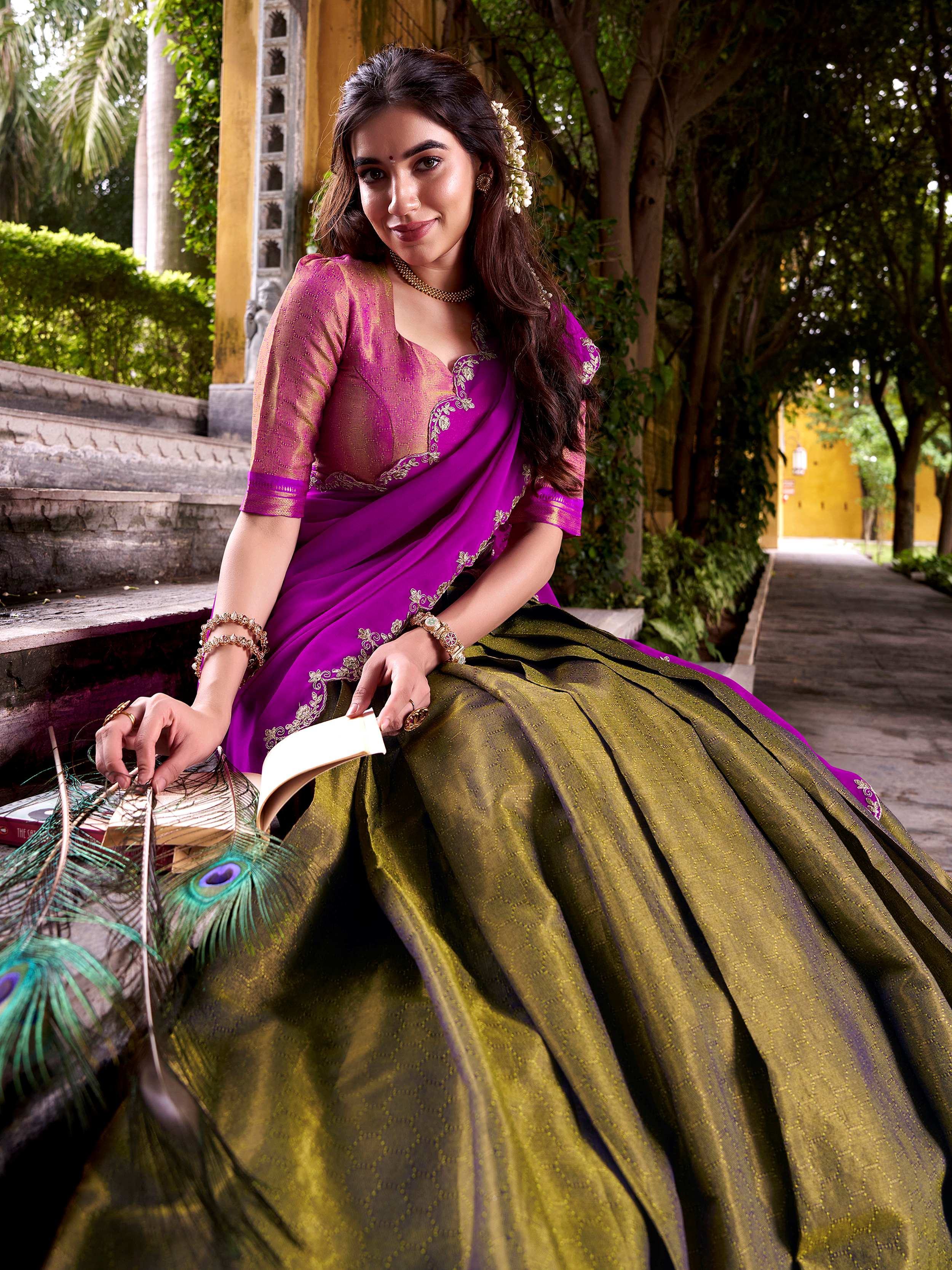 Adorable Magnetic Kanchipuram Silk Zari Weaving Half Saree Lehenga