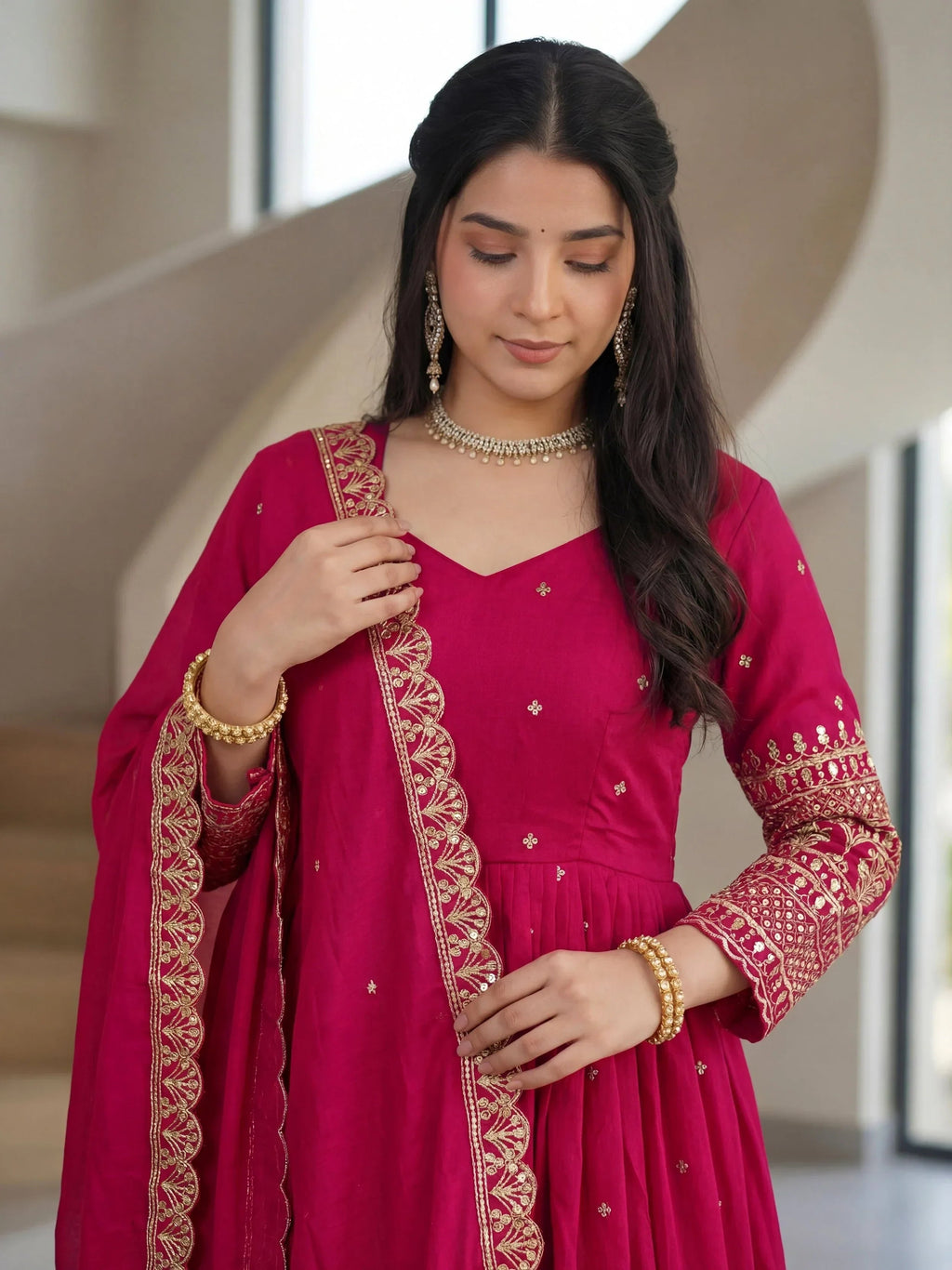 Pink Impressive Embroidered Silk Festive Wear Gown With Dupatta