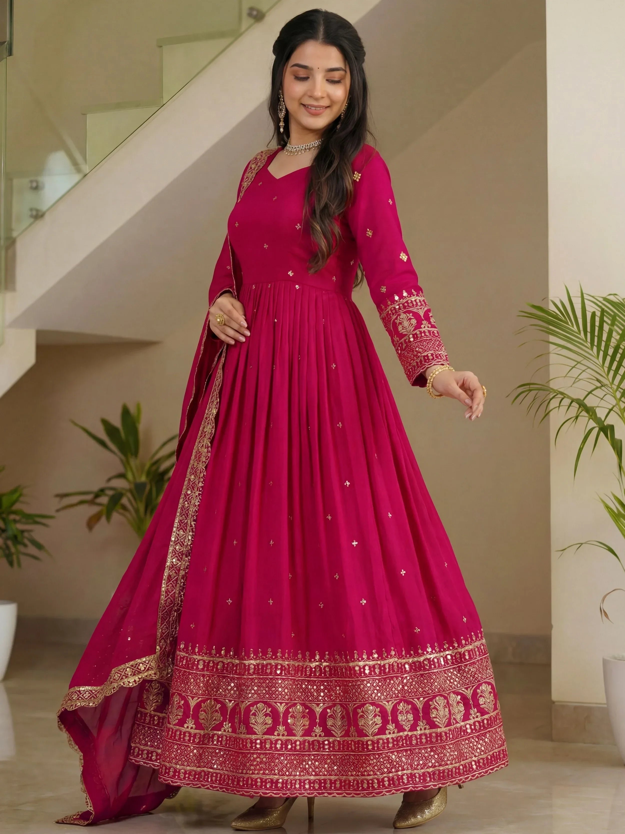 Pink Impressive Embroidered Silk Festive Wear Gown With Dupatta