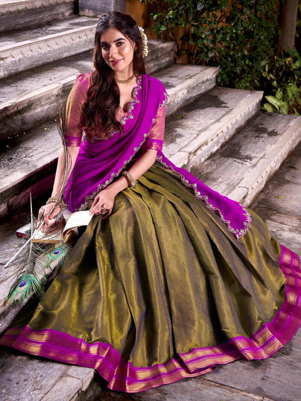 Adorable Magnetic Kanchipuram Silk Zari Weaving Half Saree Lehenga