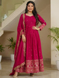 Pink Impressive Embroidered Silk Festive Wear Gown With Dupatta
