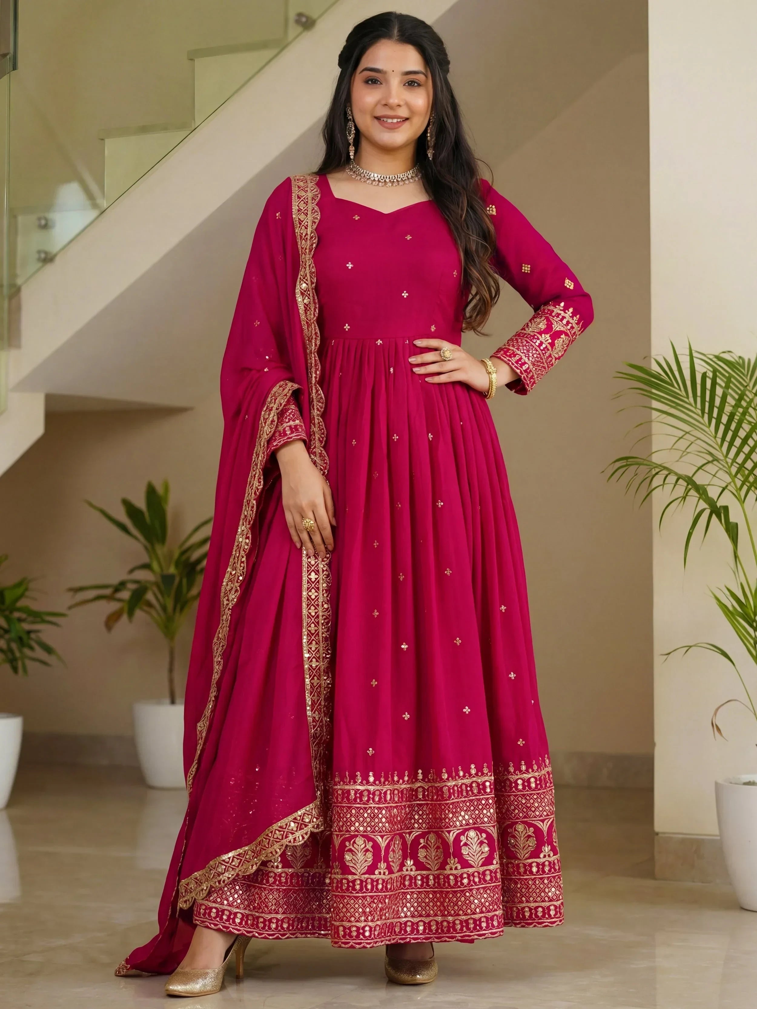 Pink Impressive Embroidered Silk Festive Wear Gown With Dupatta