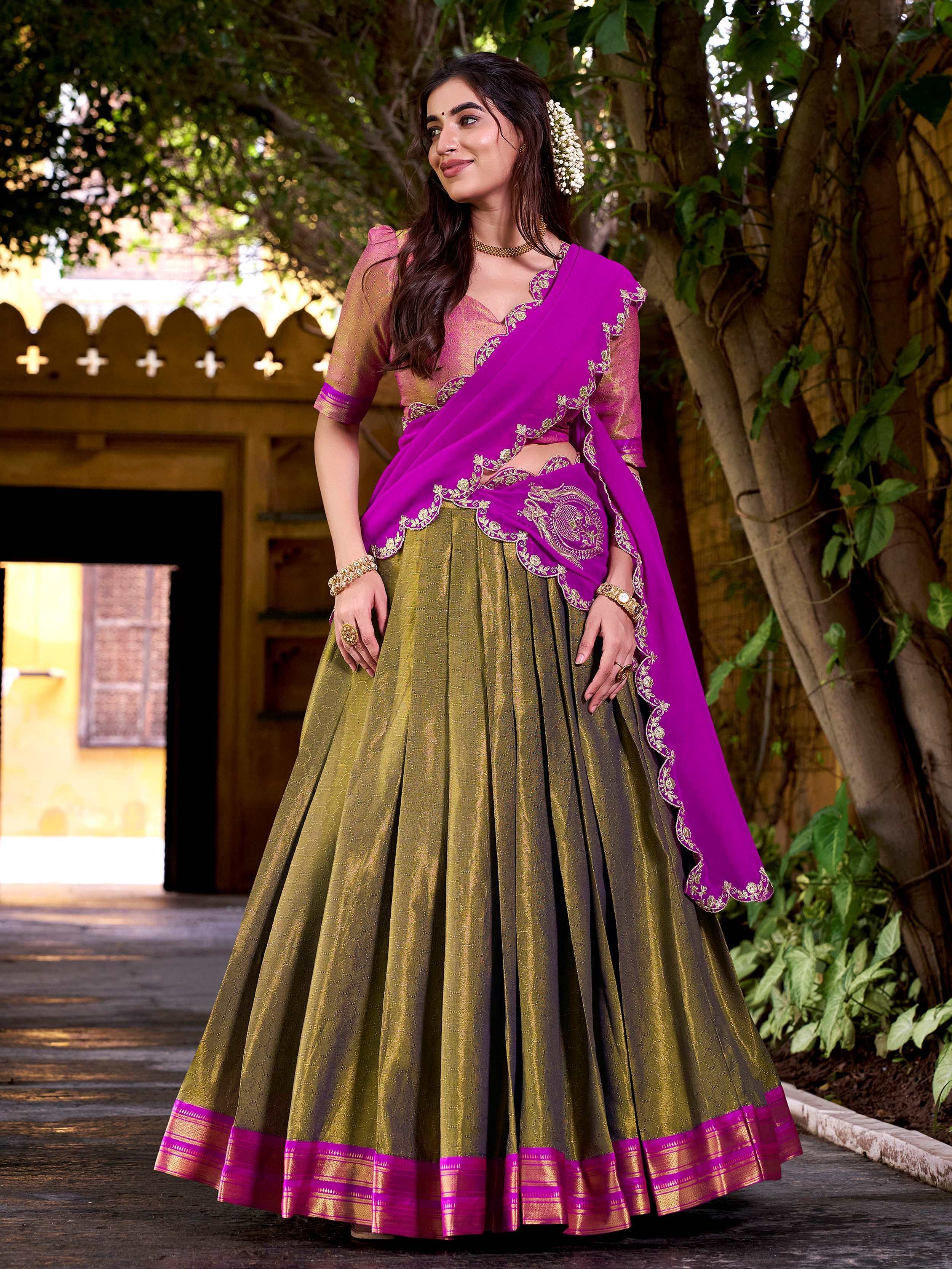 Adorable Magnetic Kanchipuram Silk Zari Weaving Half Saree Lehenga