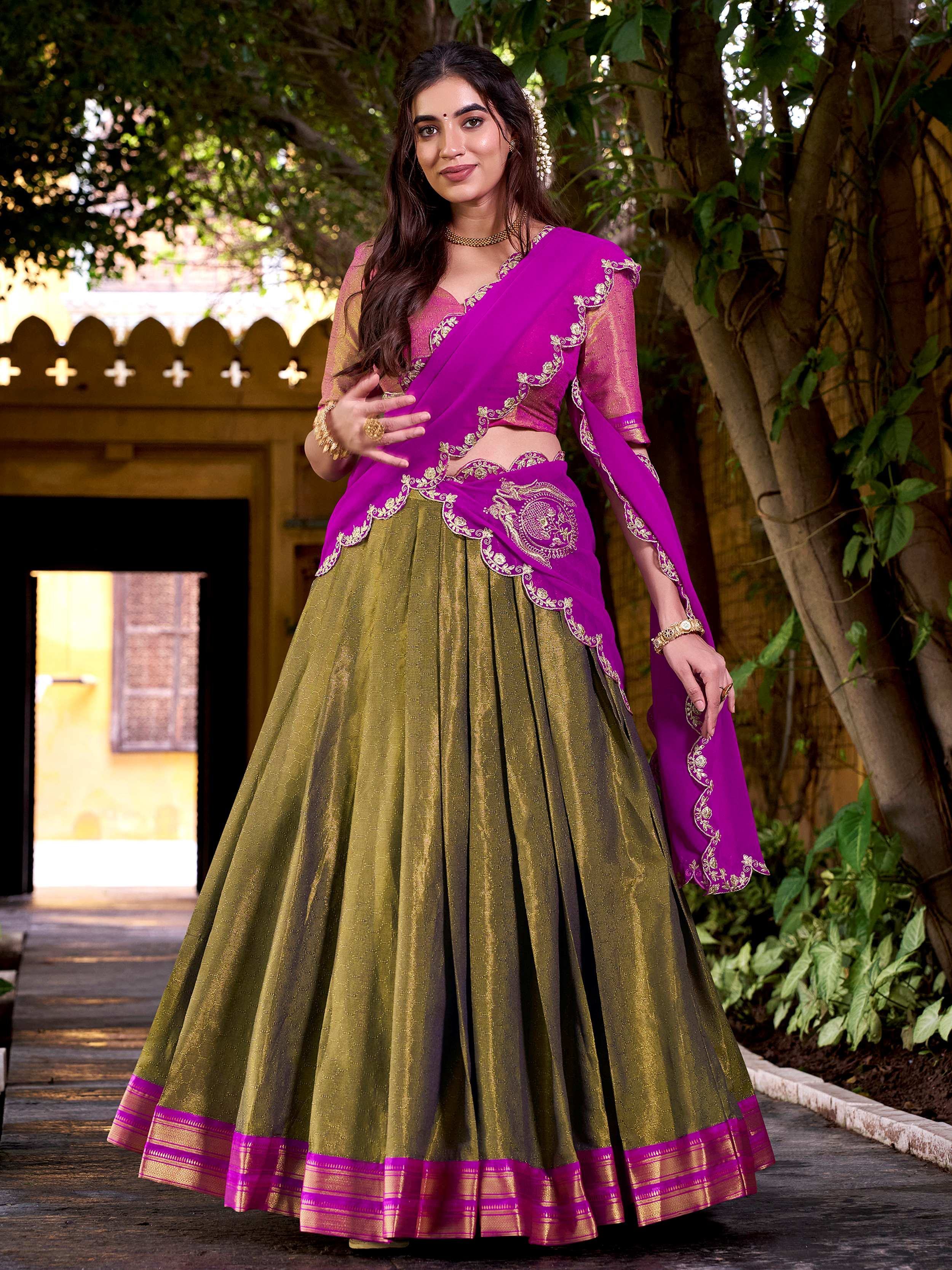 Adorable Magnetic Kanchipuram Silk Zari Weaving Half Saree Lehenga