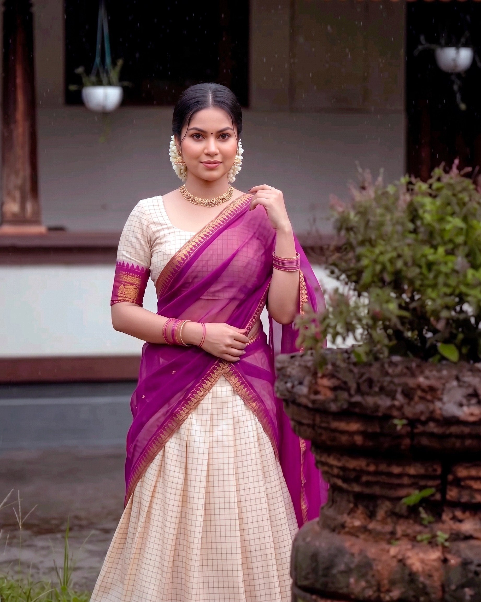 Poly Cotton Chex Zari Weaving Lehenga Choli in Cream and Pink