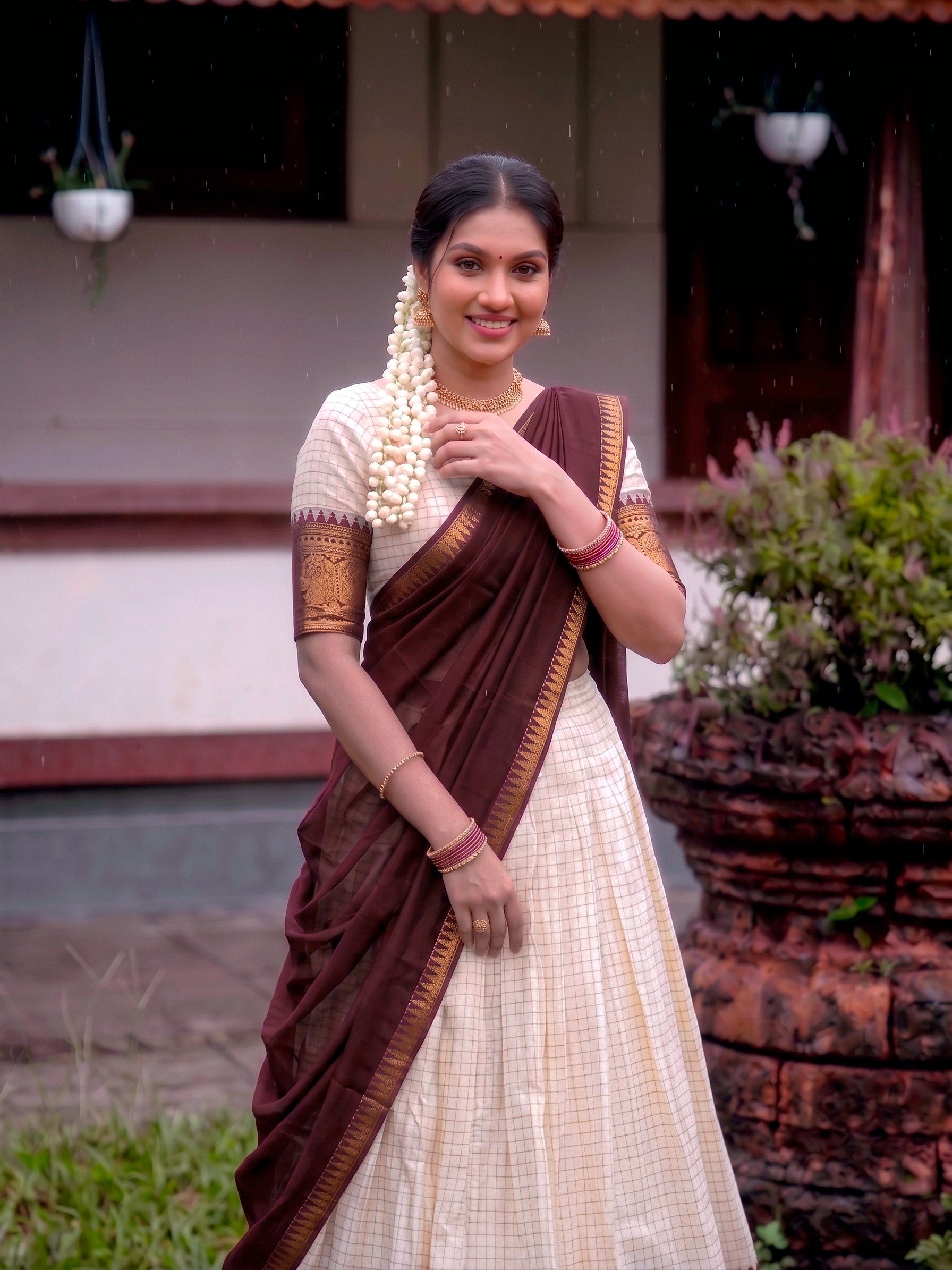 Poly Cotton Chex Zari Weaving Lehenga Choli in Cream and Pink