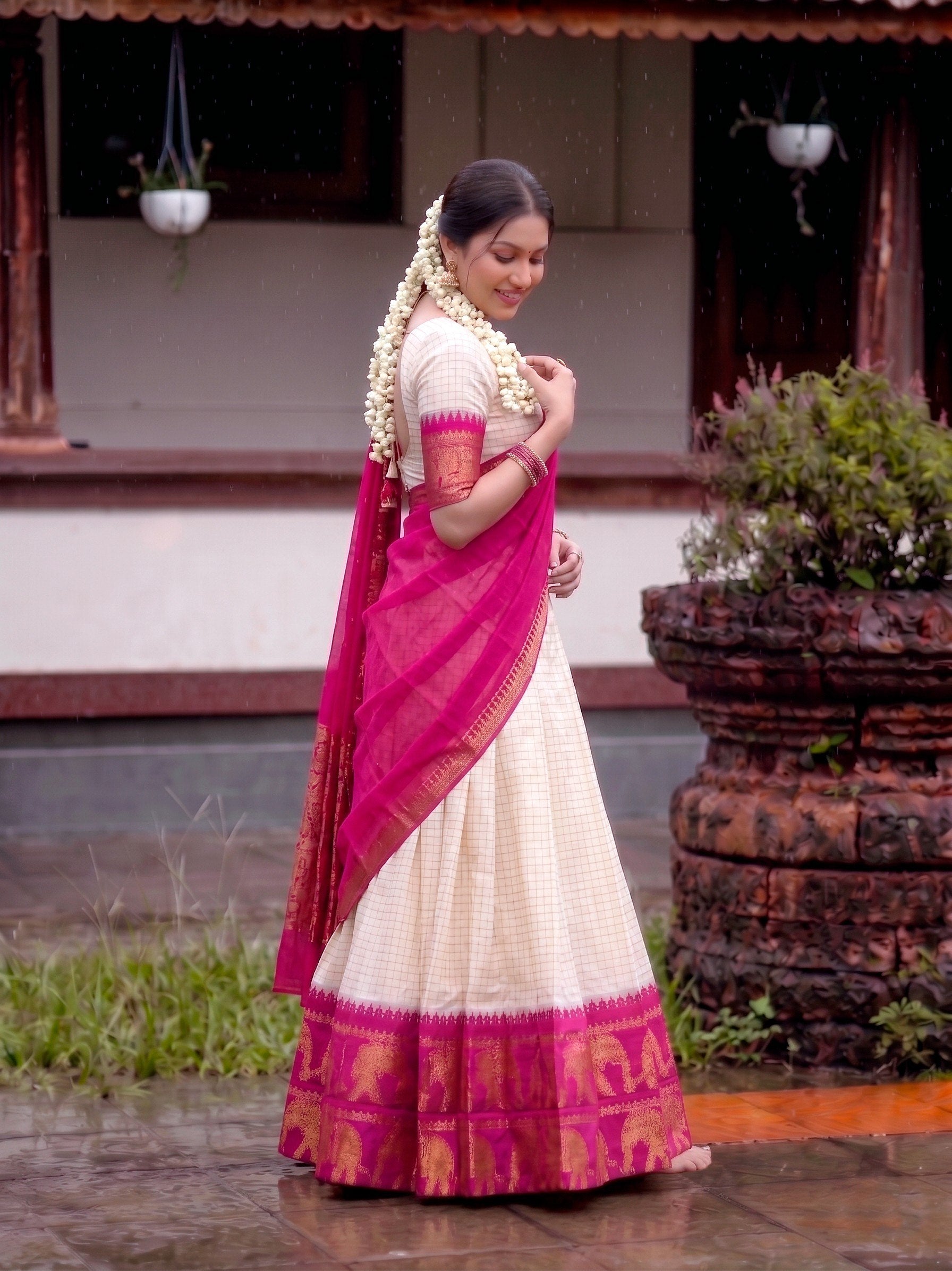 Poly Cotton Chex Zari Weaving Lehenga Choli in Cream and Pink
