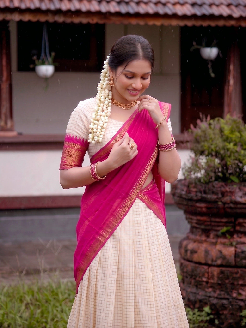 Poly Cotton Chex Zari Weaving Lehenga Choli in Cream and Pink